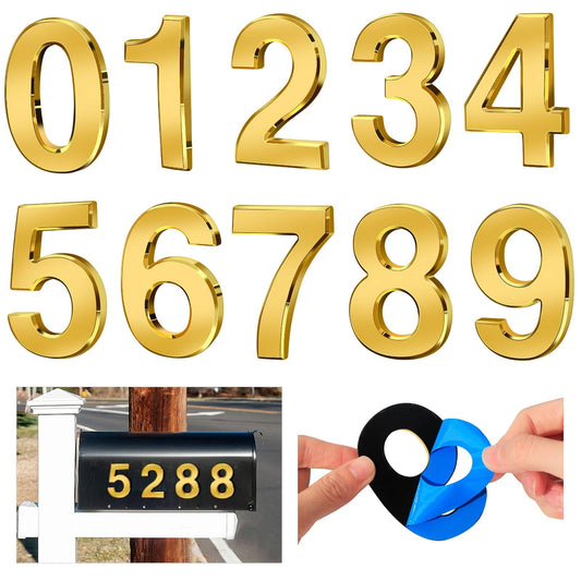 Ranslen 10 Pieces 3 Inch High House Numbers 0-9, Self-adhesive 3D Mailbox Numbers Door Address Home Number Stickers Sign for Apartment Mailbox Sign Office Hotel Room, Gold Electroplated Plastic