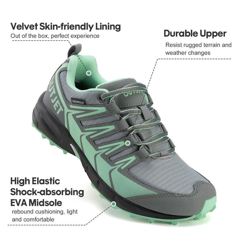 OUTJET Women's Waterproof Hiking Shoes Lightweight Non-Slip Trails Walking Shoes Outdoor Sneakers Green