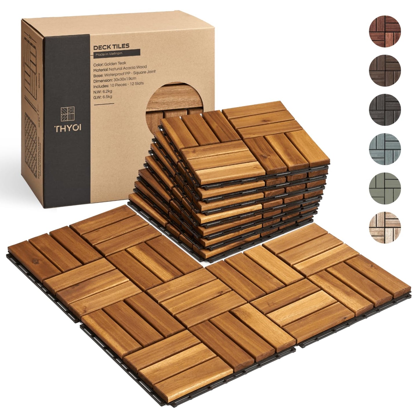 Outdoor Waterproof Acacia Wood Deck Tiles - 10 Pcs Patio Flooring for All Weather Use