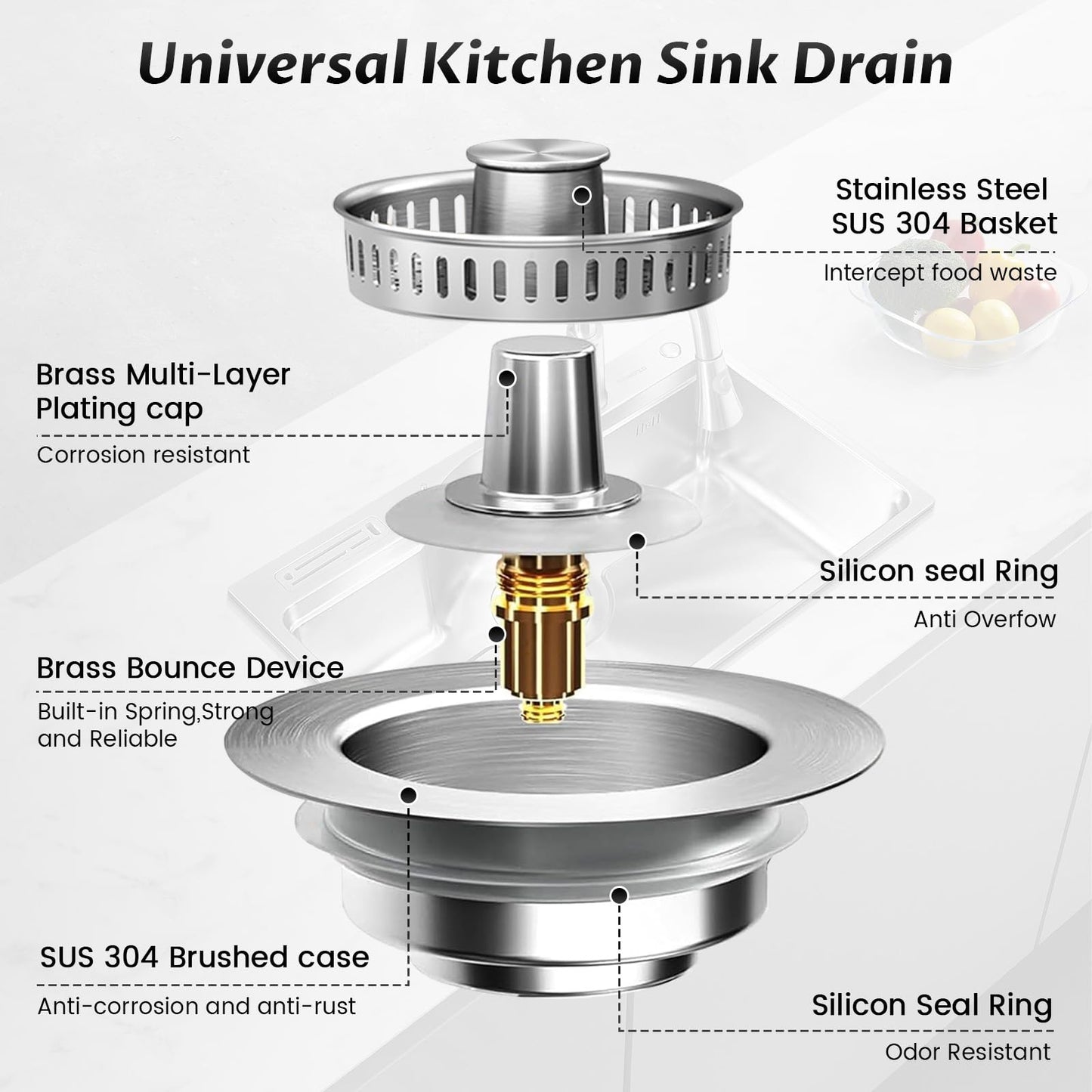 Kitchen Sink Drain Strainer – 304 Stainless Steel 3-in-1 Pop Up Design, Anti-Clogging Sink Strainer Basket for US Standard 3.5" Kitchen Drain, Water Storage & Debris Filter