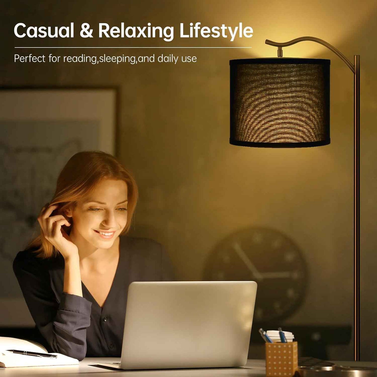 Modern LED Floor Lamp with Bohemian Linen Shade – Arched Tall Standing Light for Living Room & Bedroom
