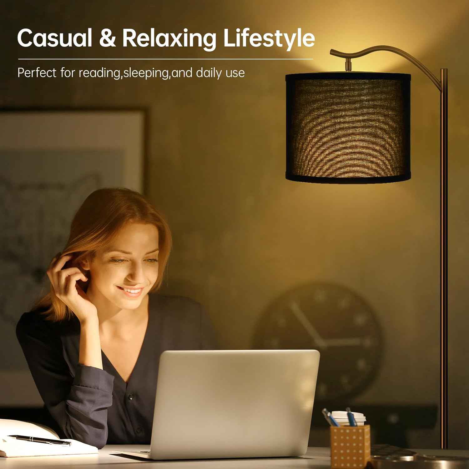 Modern LED Floor Lamp with Bohemian Linen Shade – Arched Tall Standing Light for Living Room & Bedroom