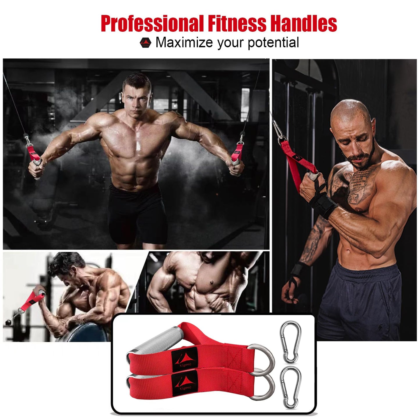 Pro Grade Metal Workout Handles, Heavy Duty Replacement Grip Attachments for Cable Machines, Resistance Bands, LAT Pulldown, Strength Exercise Home Gym & Commercial Fitness Equipment (Glory Red)