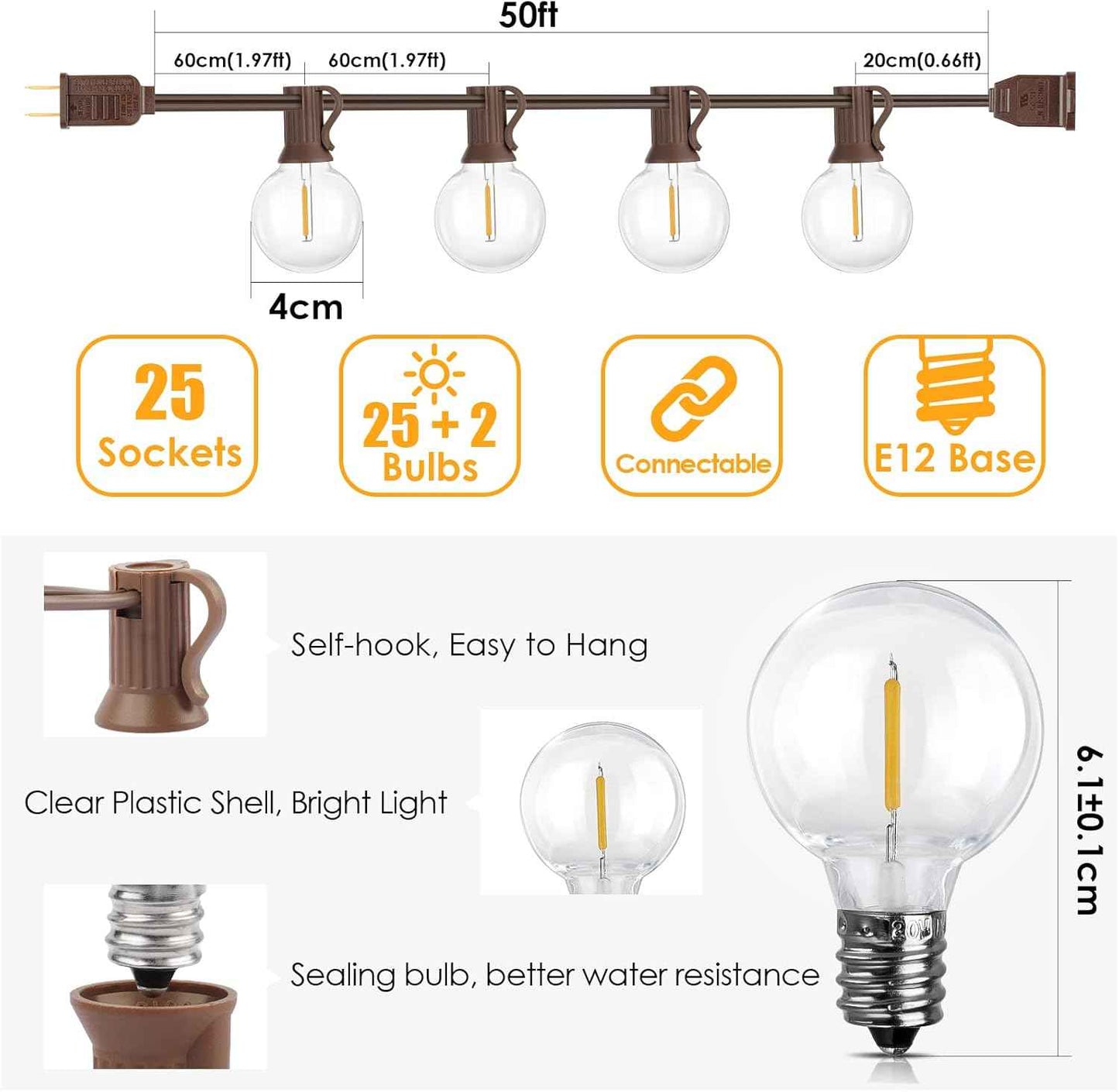 Outdoor String Lights 100FT - G40 Globe Patio Lights with 54 Waterproof LED Bulbs - Black Wire