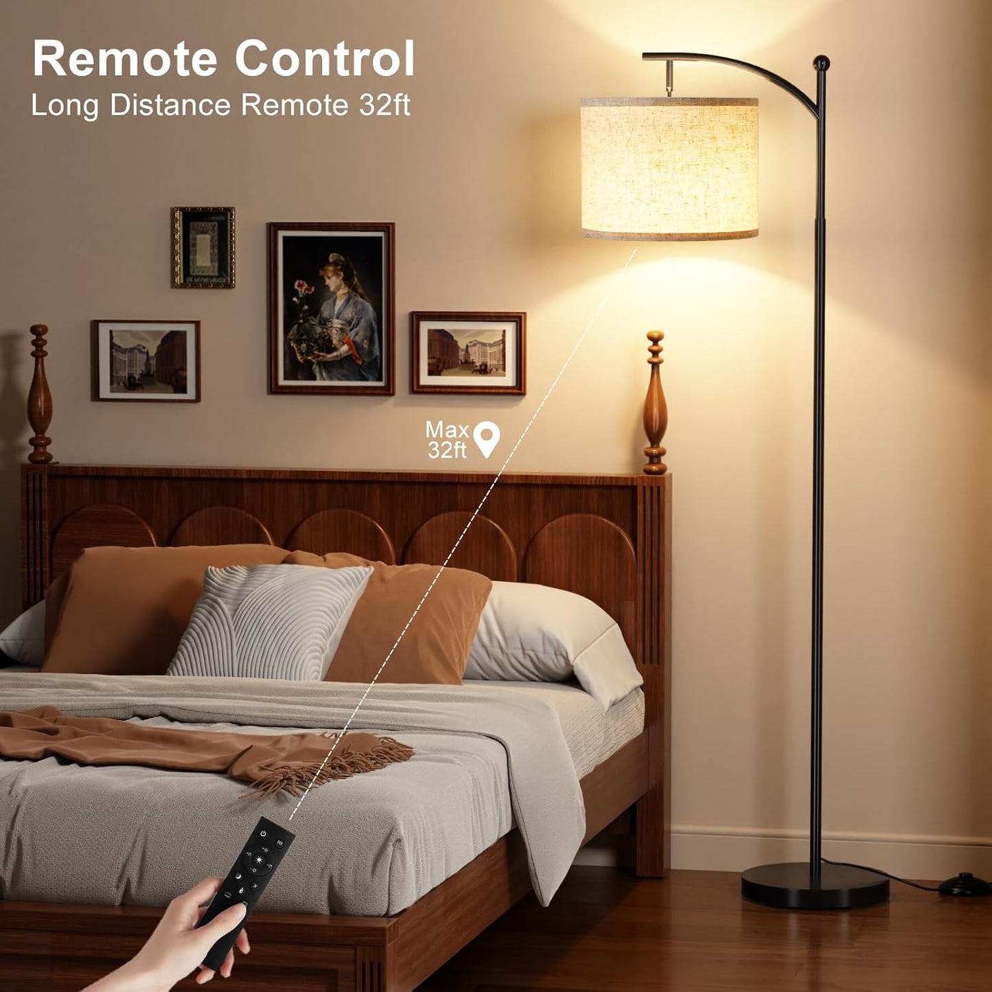 Modern 60" Floor Lamp with Remote Control & Dimmable LED Bulb - Beige Shade, Adjustable Brightness for Living Room