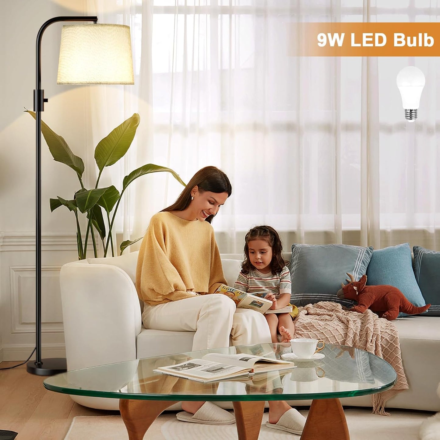 Modern Dimmable Floor Lamp with 9W LED Bulbs - Stylish Standing Light for Living Room & Bedroom (Gold & White)