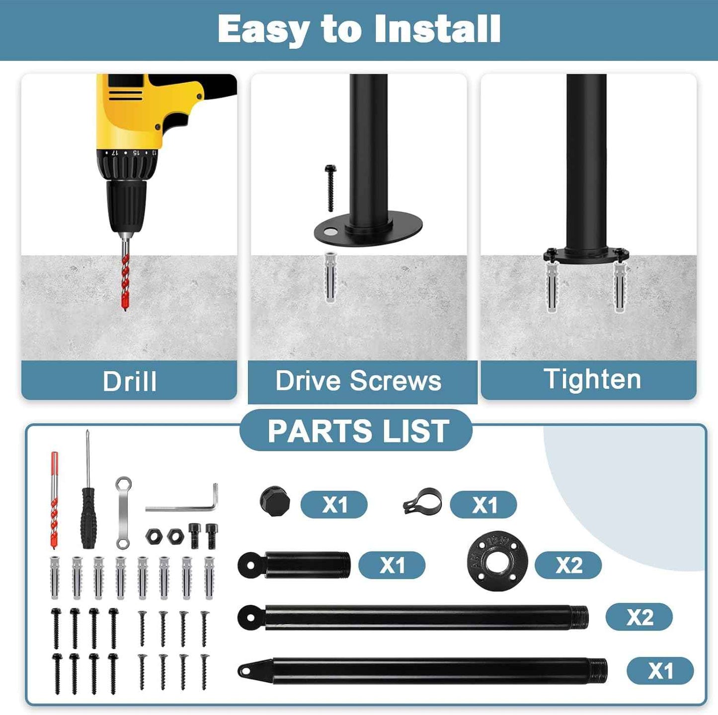 Hand Rails for Outdoor Steps - 2 Pack Metal Railing Kit for 1-3 Steps, Concrete & Brick