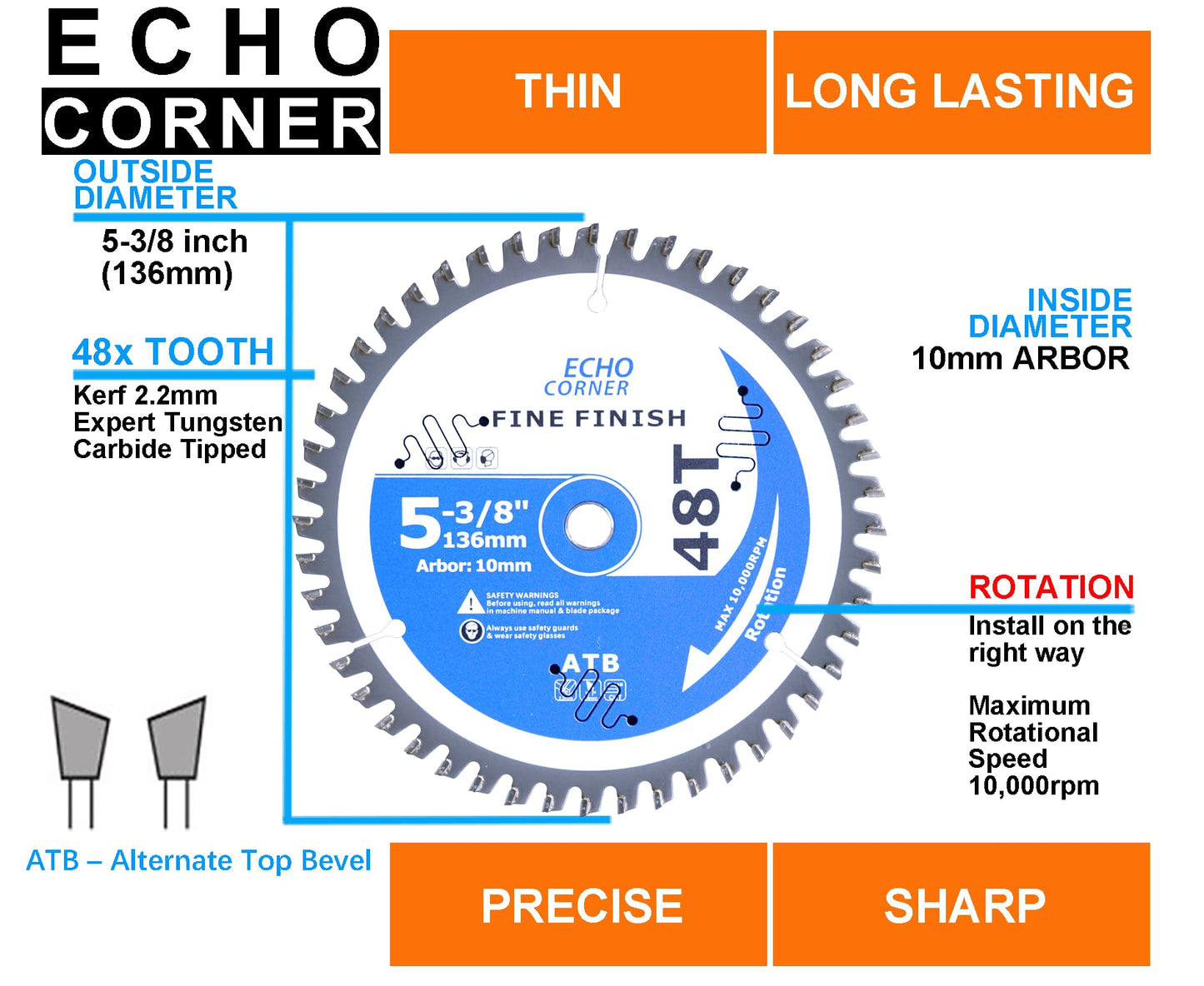 Echo Corner 5-3/8 Inch (10mm Arbor) 48Tooth Circular Saw Blades, Fine Cut Fine Finish Crosscut Framing Ripping Wood Plywood MDF Plastic Veneer Lumber Laminate (Wood 48T)