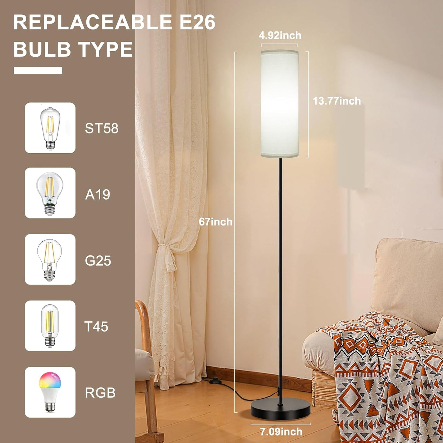 Modern Dimmable Floor Lamp with Remote - RGB Smart Bulb for Living Room, Bedroom & Office