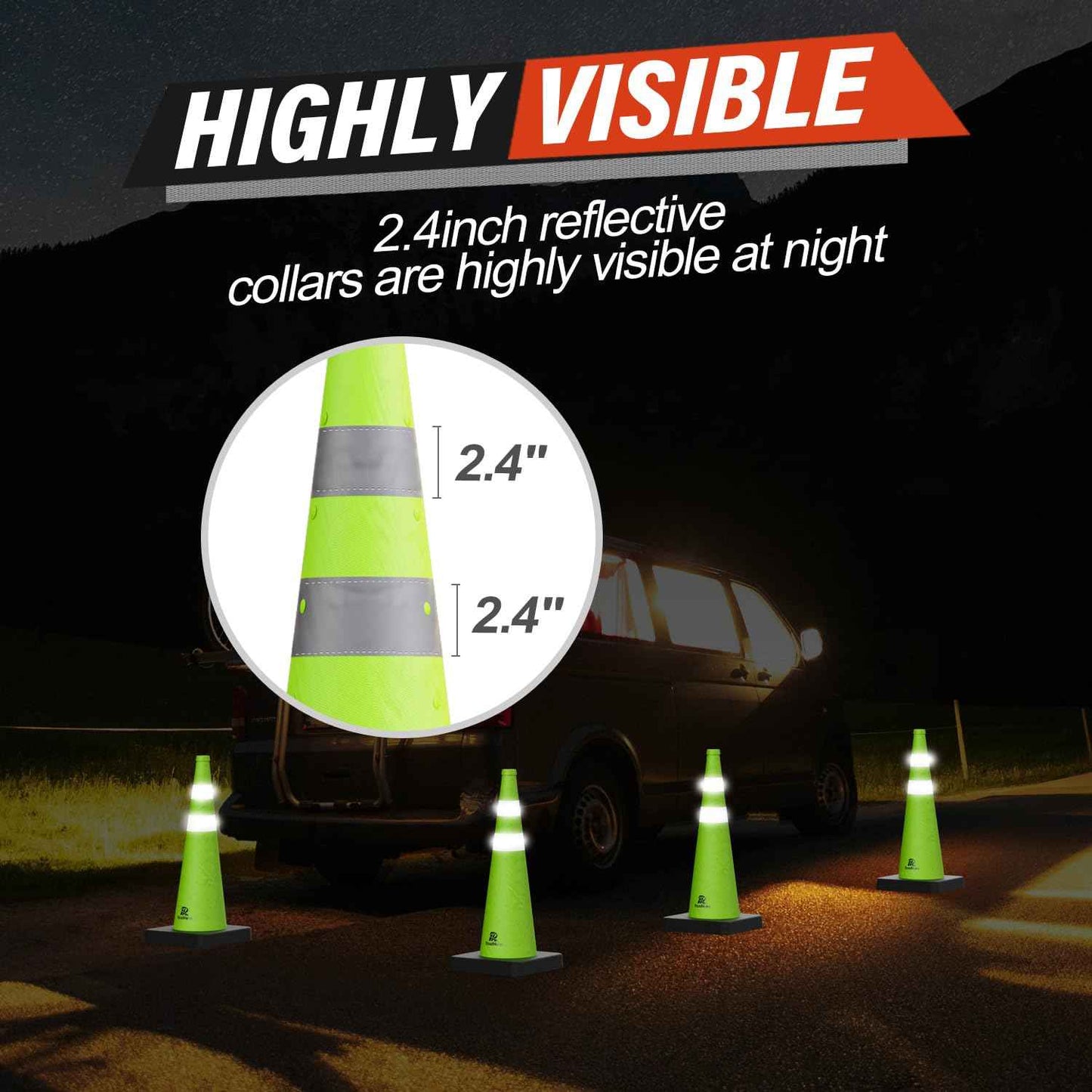 28 Inch Collapsible Traffic Safety Cones - Weighted Base & Reflective Collars, 4 Pack