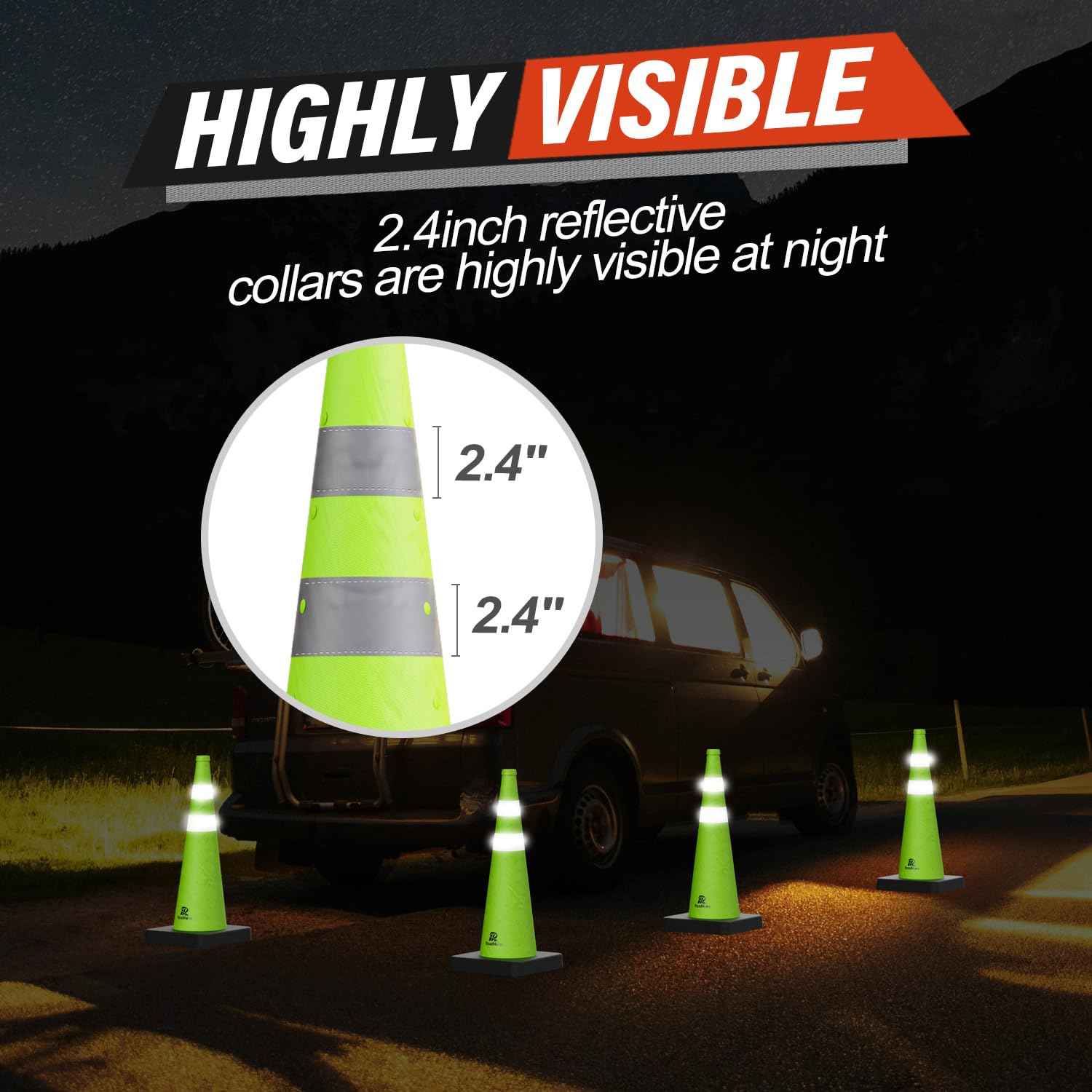 28 Inch Collapsible Traffic Safety Cones - Weighted Base & Reflective Collars, 4 Pack