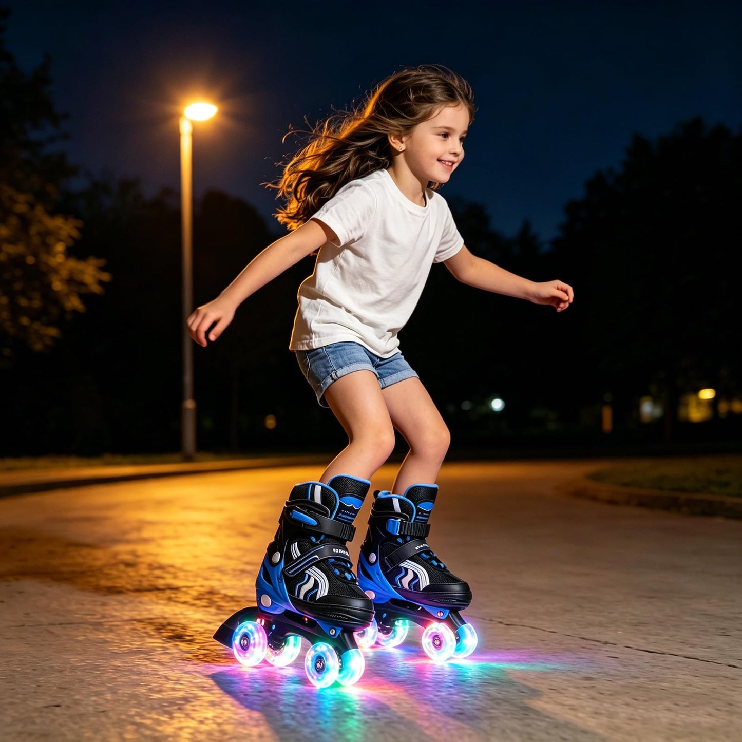 SMOOJOY Kids Roller Skates for Boys and Girls Adjustable Blue Black Skate with All Light up Wheels Ages 6-12 for Beginner in Outdoor Indoor Sports.