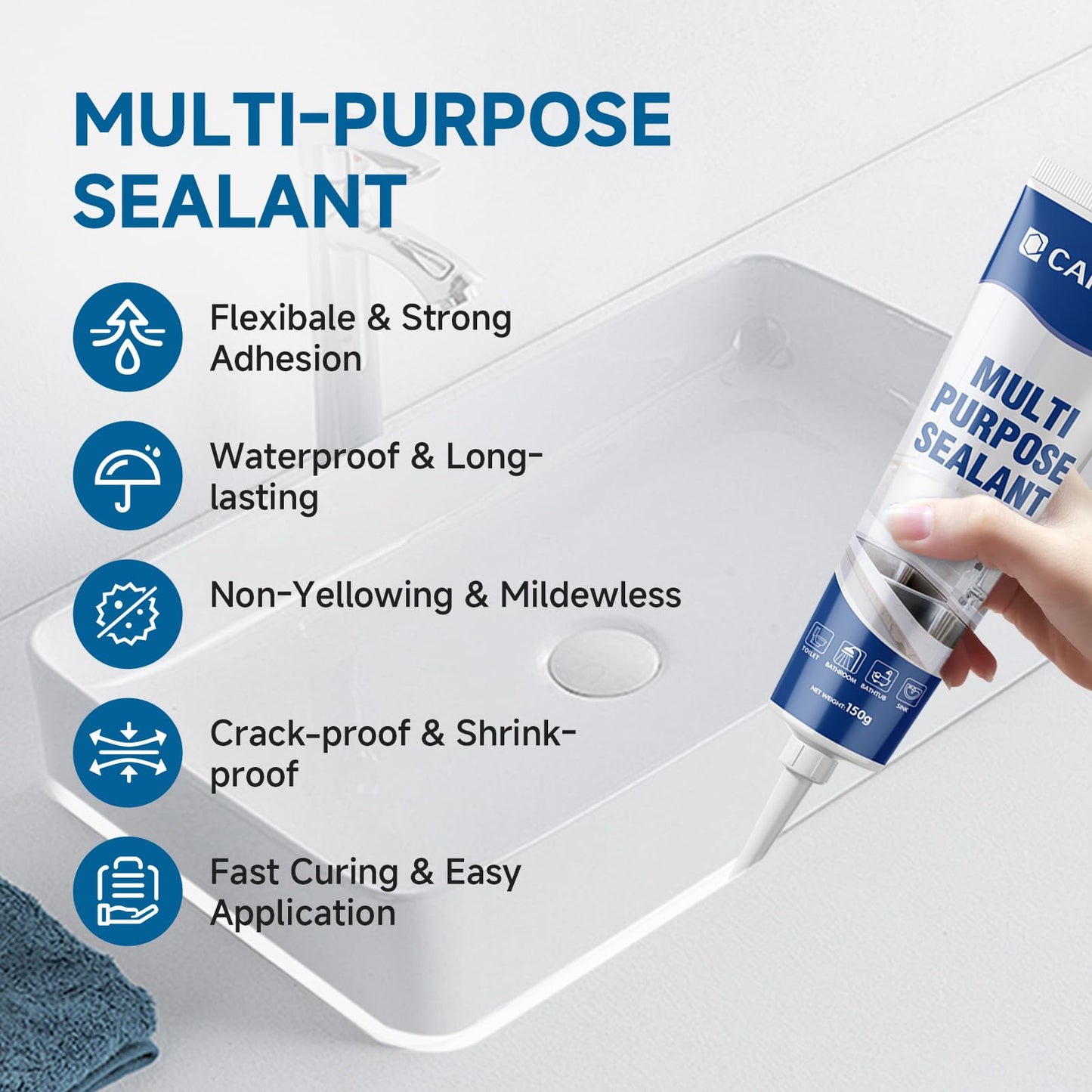 CARPOLY Silicone Caulk for Kitchen & Bathroom, Waterproof White Caulk for Sink, Toilets, Windows, Doors, Strong Adhesion, Shrink & Crack Proof,Long-Lasting(White, 5.29oz)