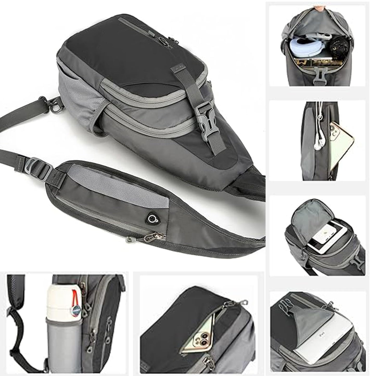 DAYELIVE Sling Bag for Mens Crossbody Bag Travel Sling Backpack Hiking Daypack Chest Bag Shoulder Bag, Large Cross Body Bag with Chest Phone Holder Black&Grey