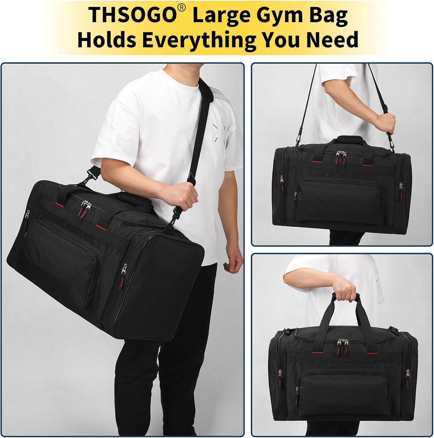 Skiennix 22-Inch Gym Bag for Men - 55L Large Travel Duffle with Multiple Zippered Pockets | Black