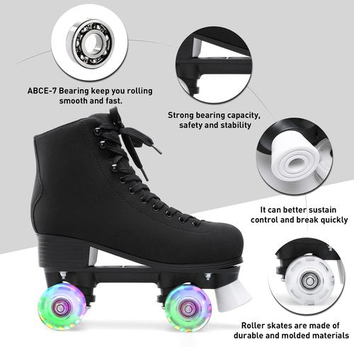FEETCITY High-Top Roller Skates - Adult & Youth, Indoor & Outdoor, 4-Wheel Double Row, Size 6 - Black