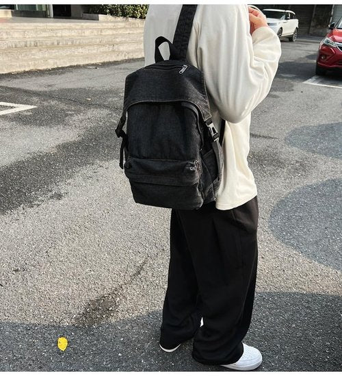 TYHOTULY Classic Retro Denim Backpack Y2K Aesthetic Shoulder Bag Lightweight Daypack Casual Jeans Backpack for College (Black)