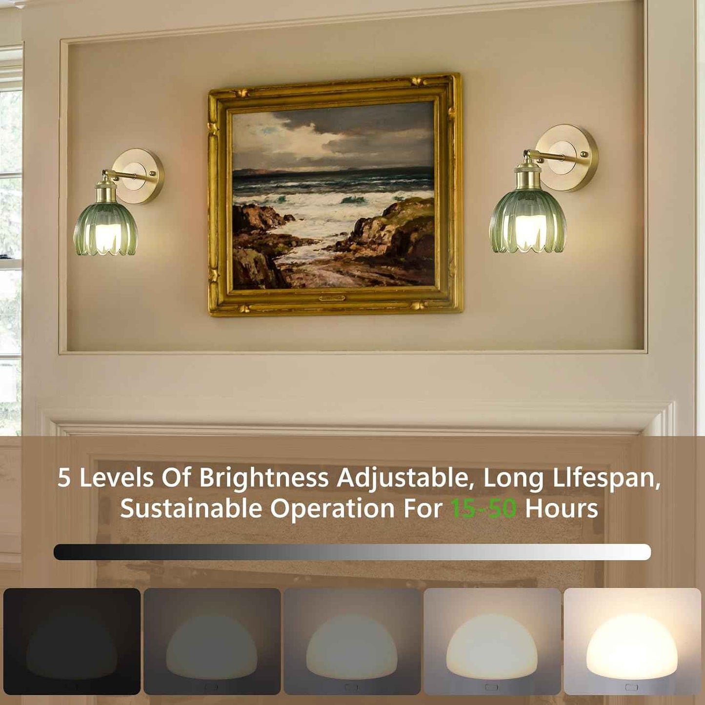 Rechargeable Vintage Wireless Wall Sconces - Gold LED Tulip Glass Lamps with Remote Dimming for Bedroom & Living Room