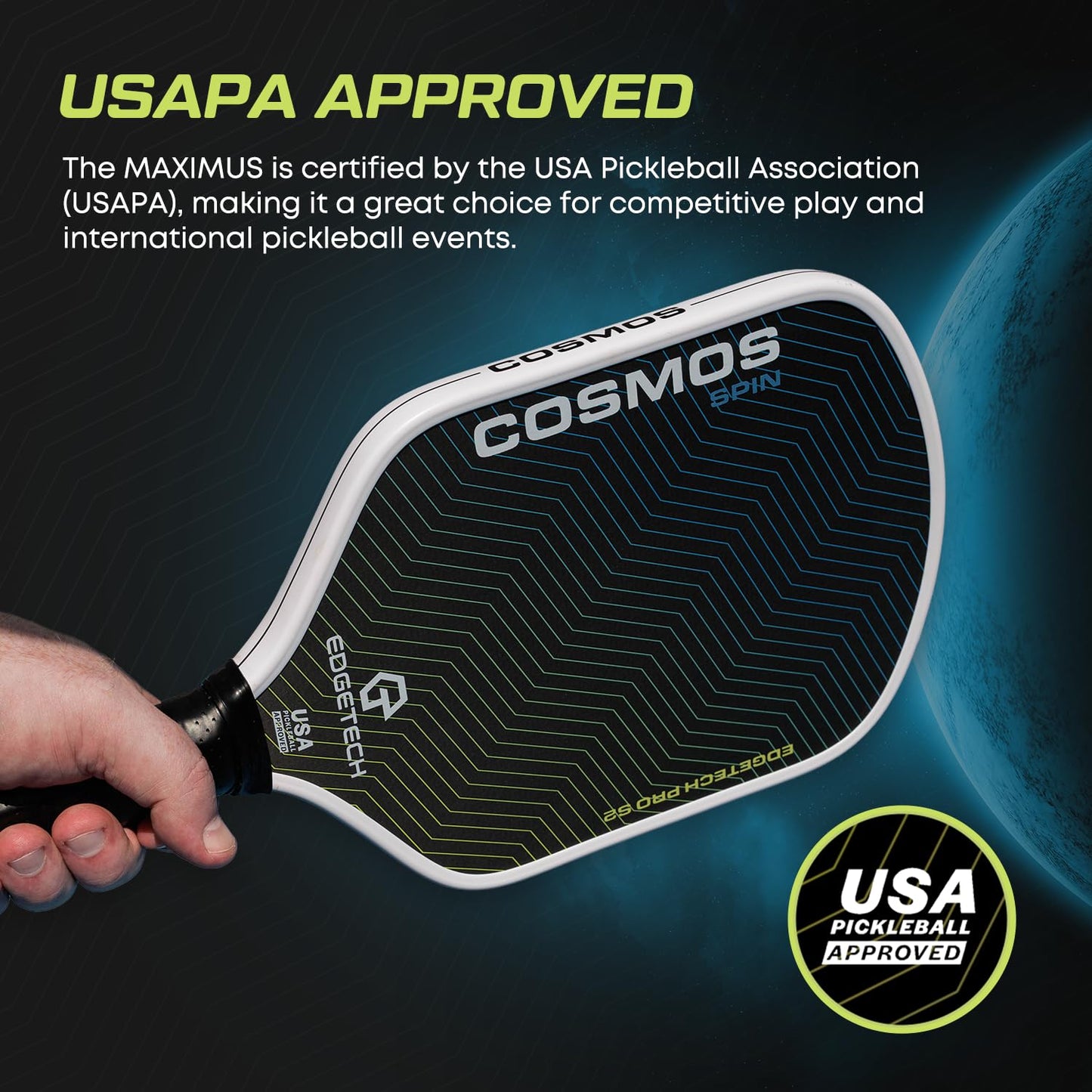 Cosmos Spin | Edgetech Pickleball 16mm Paddle + Cover | Dual Layer Surface - Titanium Weave Base - T700 Raw Carbon Fiber Surface | Orbit Grooves for Spin | Space Propulsion Honeycomb PP Core