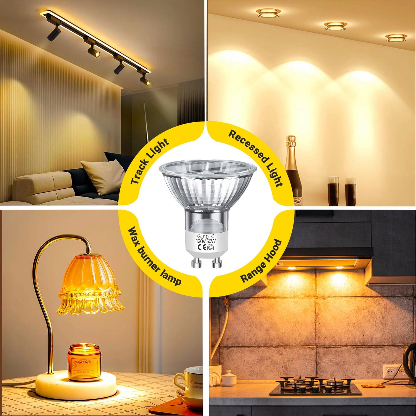 GU10 Halogen Bulb, 120V 50W Halogen Light Bulbs for Candle Warmer Lamp, Dimmable, 2700K Warm White, MR16 with Glass Cover for Track Lighting, Range Hood Lighting, 6 Pack