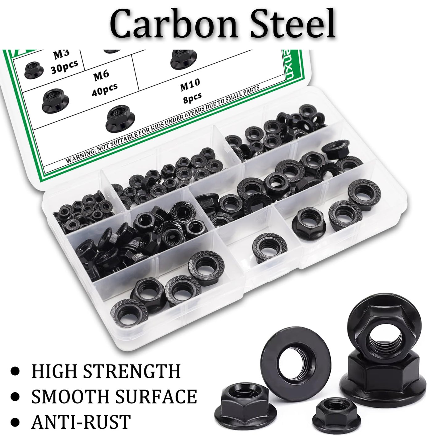 Aienxn 136PCS 6 Metric Sizes Black Carbon Steel Hex Flange Nuts Assortment Kit -M3, M4, M5, M6, M8, M10