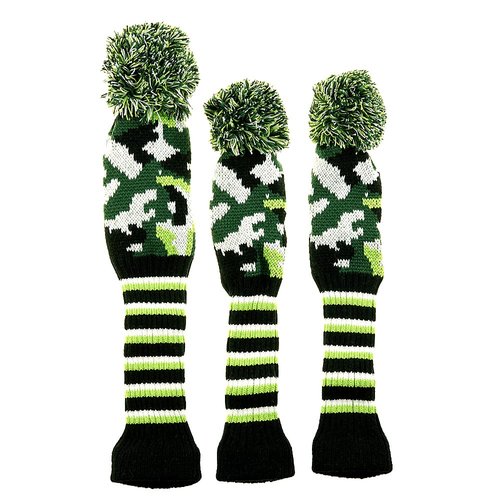 GOOACTION 3PCS Knitted Golf Head Covers 1-3-5 for Driver and Fairway Woods with Long Neck Design Camouflage Army Green Sock Pom Pom Camo Vintage Golf Club Head Covers Set