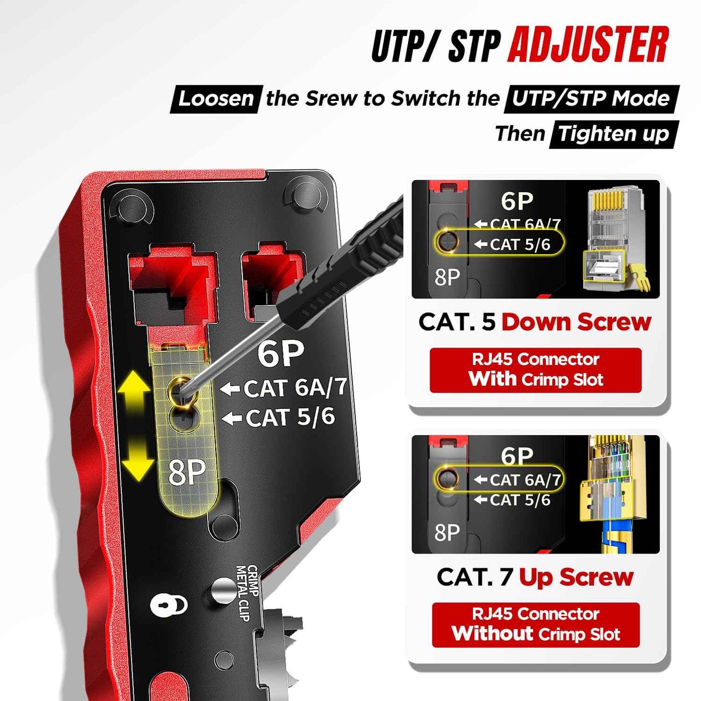 AMPCOM Pass Through RJ45 Crimp Tool, All-in-one Ethernet Crimper, Crimping for STP UTP RJ45/ RJ11 Cat8 Cat7 Cat6A Cat6 Cat5e Cat5 Connectors, AM-728RD