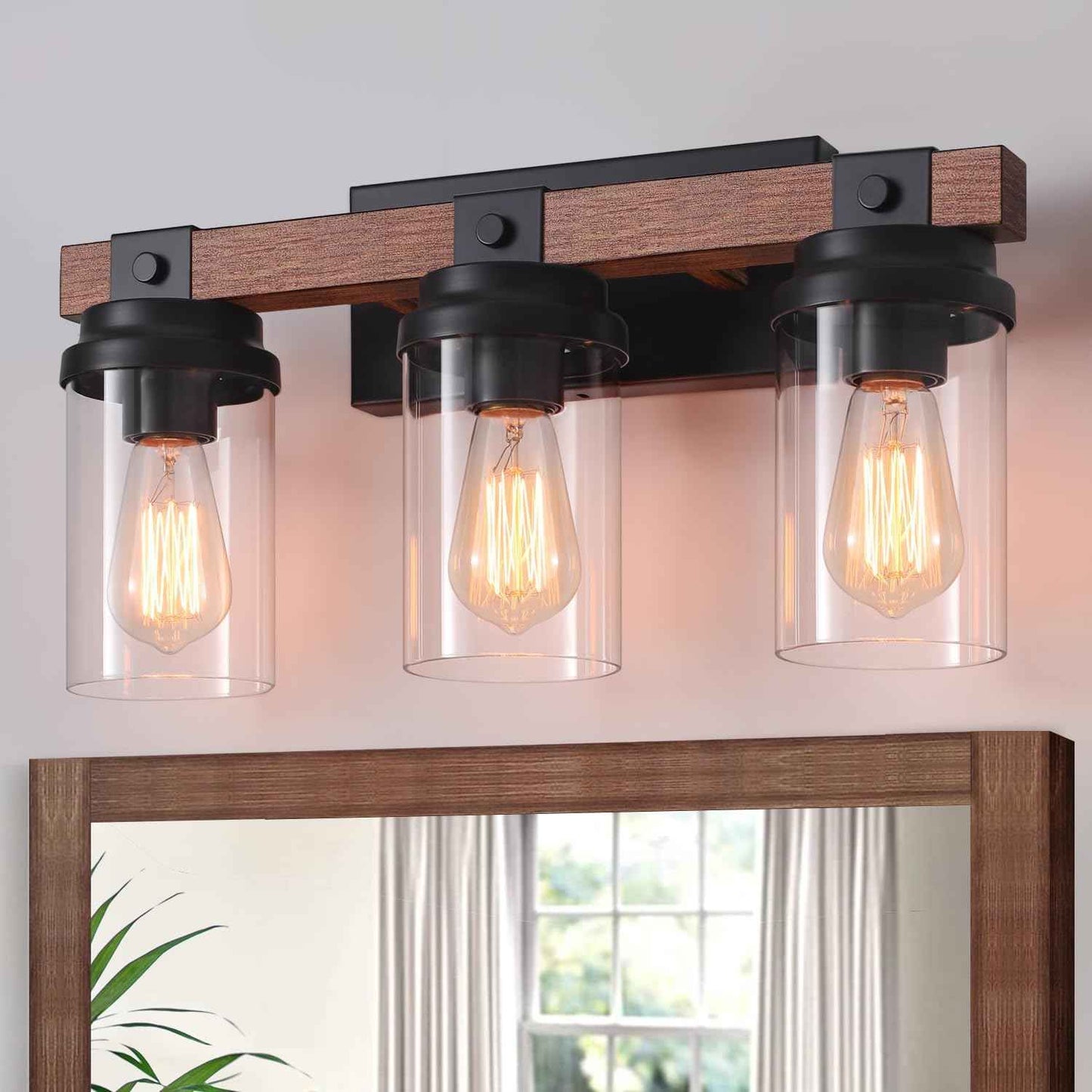 Farmhouse 2-Light Vanity Lights for Bathroom - Rustic Black Wood & Glass Sconces