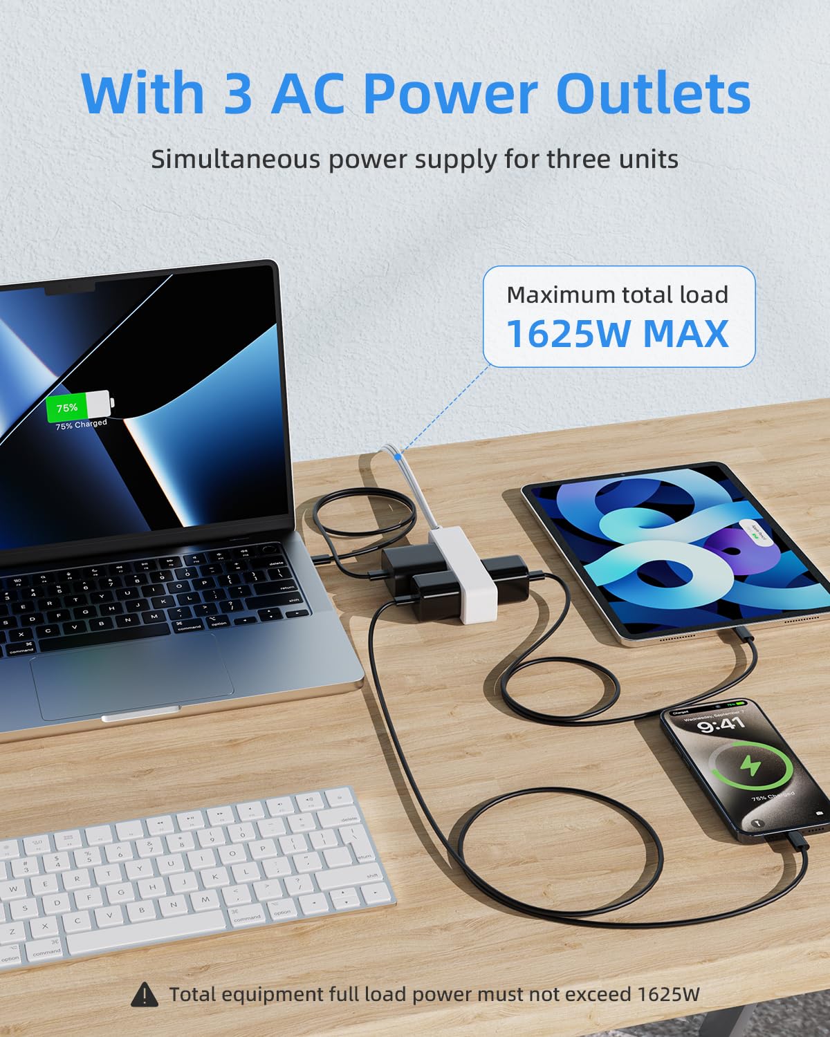 Flat Plug Extension Cord with 3 Outlets - 6 ft White Low Profile Indoor 3 Prong Grounded Power Strip for Home Office & Travel - 16/3 AWG, 13A/1625W