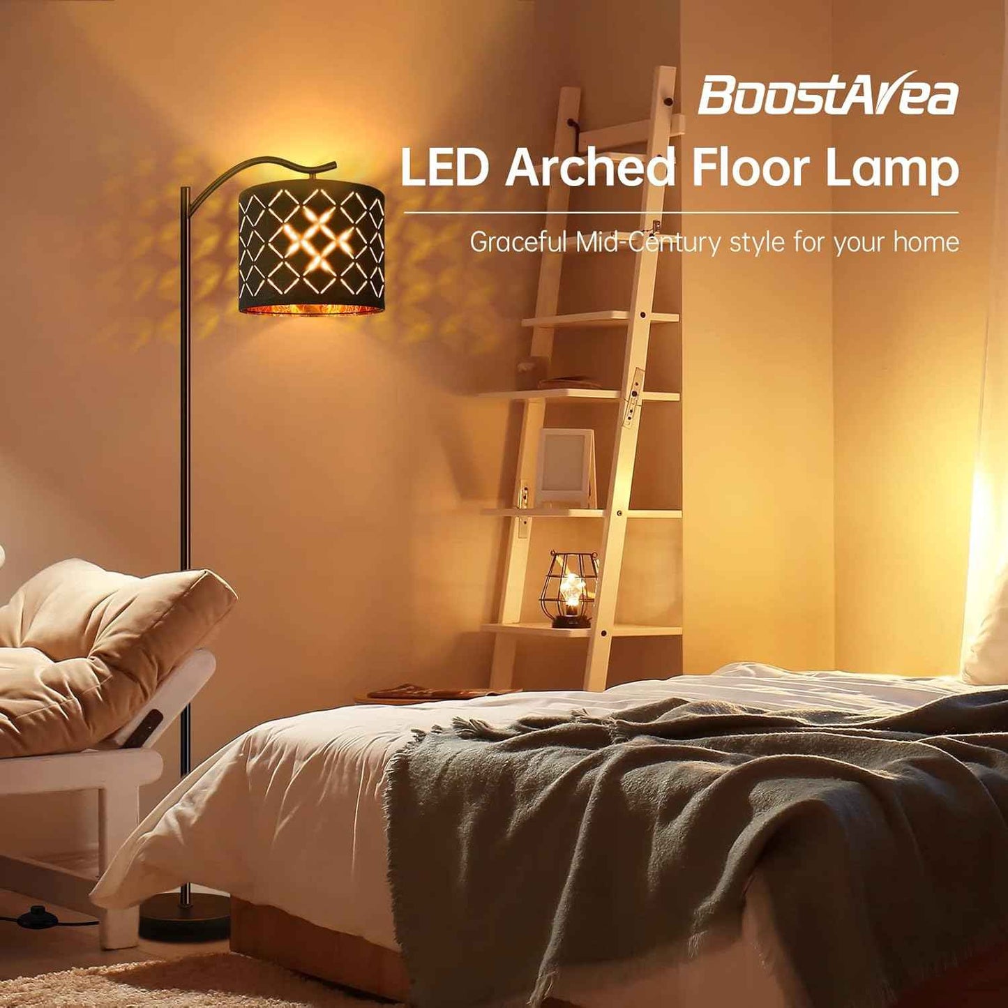 Modern LED Floor Lamp with Bohemian Linen Shade – Arched Tall Standing Light for Living Room & Bedroom