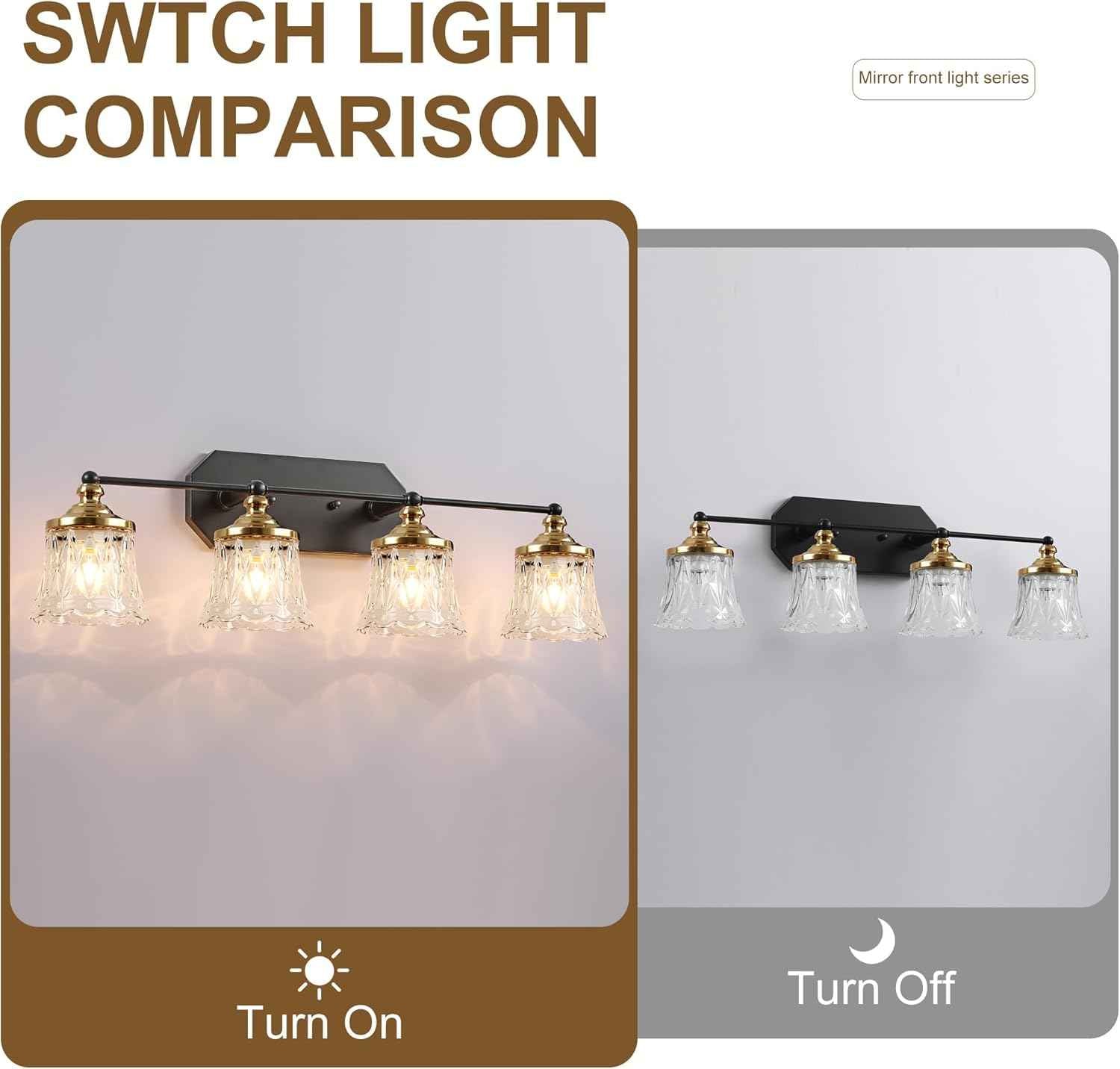 3-Light Vintage Bathroom Vanity Light Fixture - Black & Gold Antique Design with Crystal Glass Shade