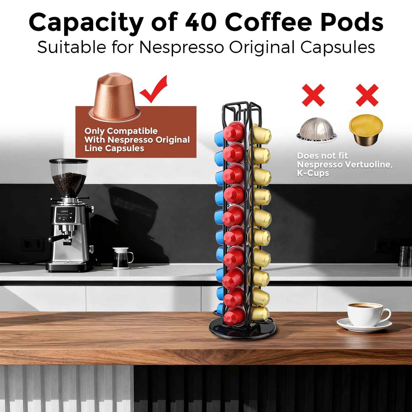 Coffee Pod Holder Compatible with Nespresso Original Capsule– Holds 40 Pods, 360° Rotating Coffee Carousel Storage, Space-Saving Countertop Organizer, Stylish Gift for Coffee Lovers (Black)