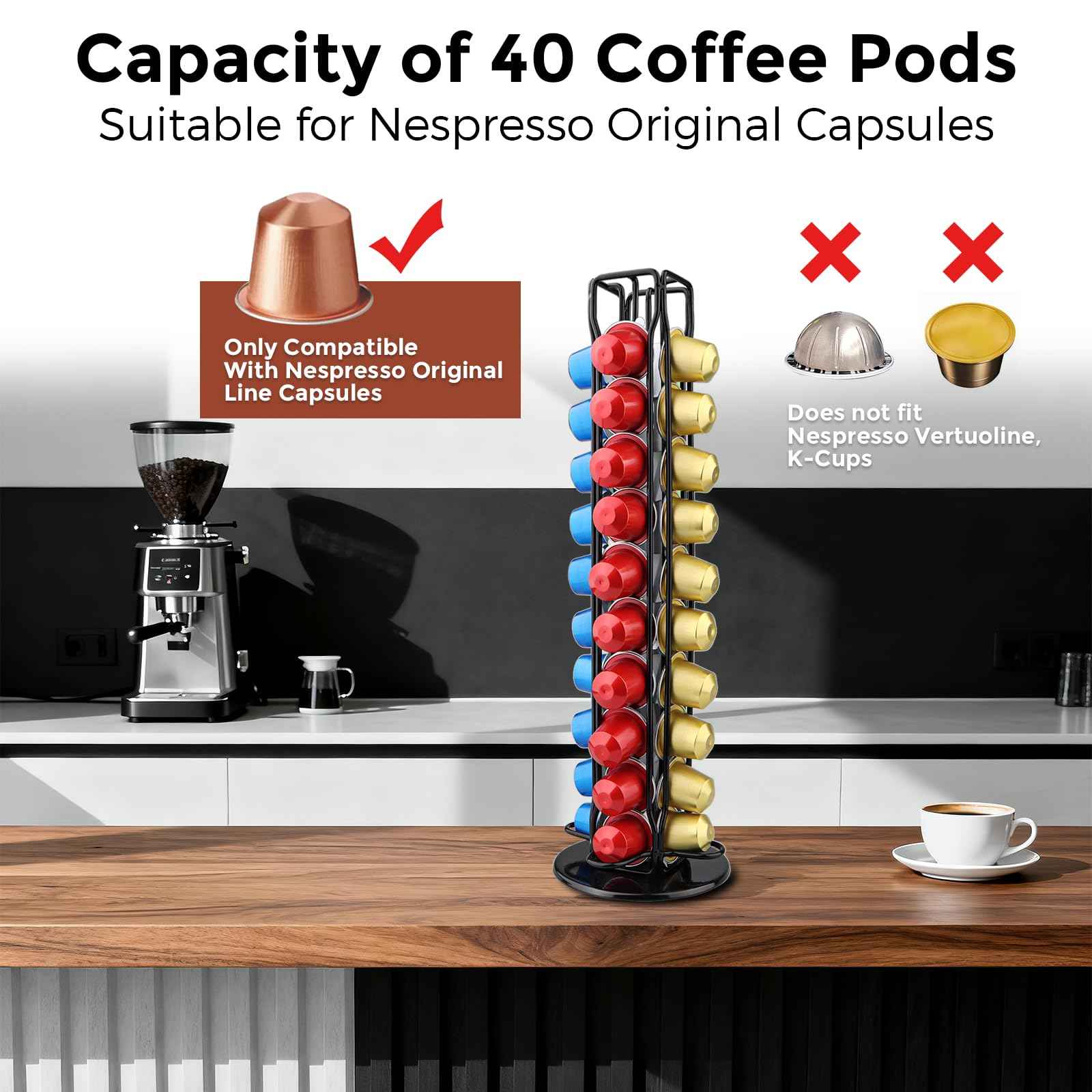 Coffee Pod Holder Compatible with Nespresso Original Capsule– Holds 40 Pods, 360° Rotating Coffee Carousel Storage, Space-Saving Countertop Organizer, Stylish Gift for Coffee Lovers (Black)