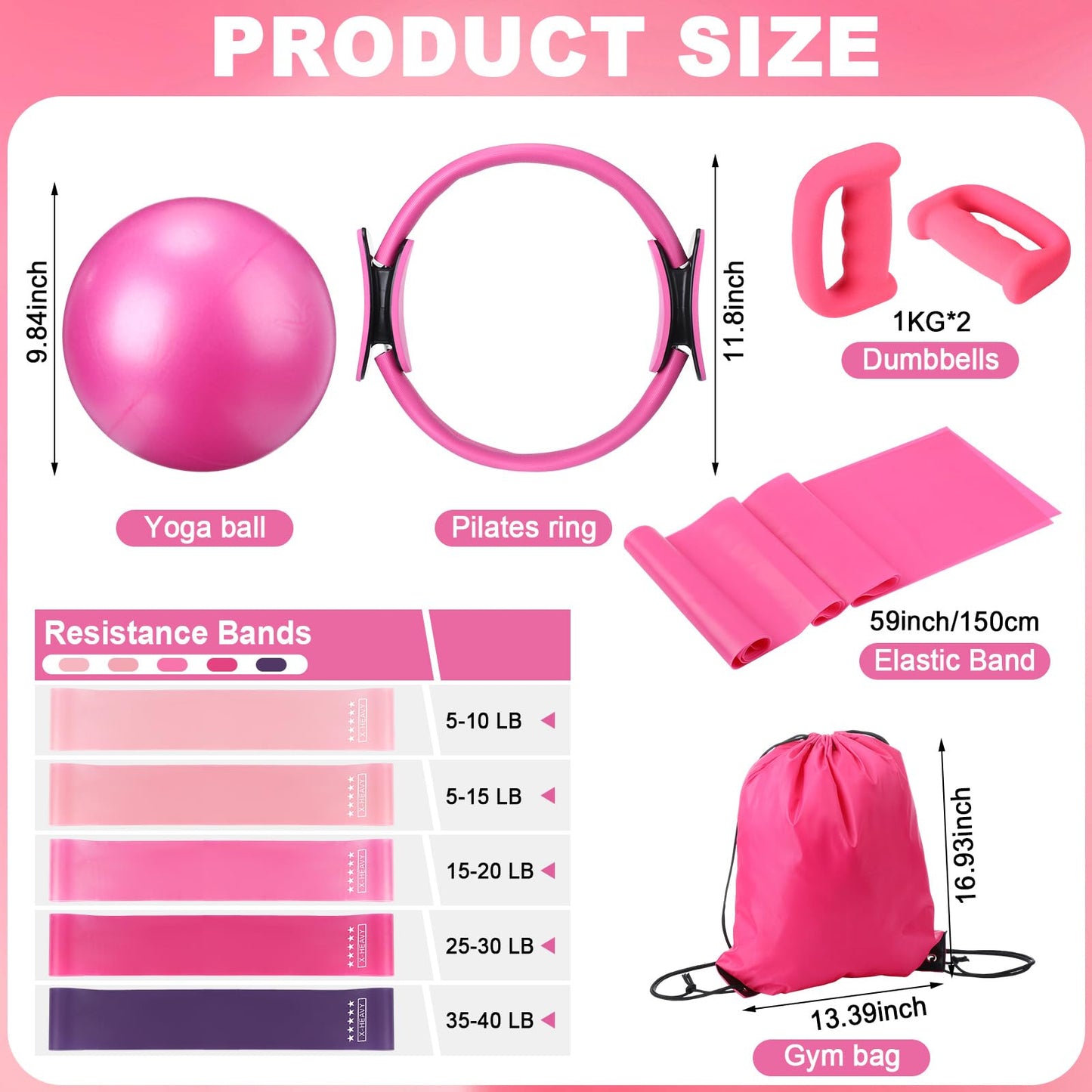 Poen 10 Pcs Pilates Ring Set Include 2.2lb *2 Dumbbells 10" Yoga Exercise Ball 12" Pilates Ring 5-40lb Resistance Bands Elastic Band and Drawstring Backpack Set for Women Home Workouts(Pink)