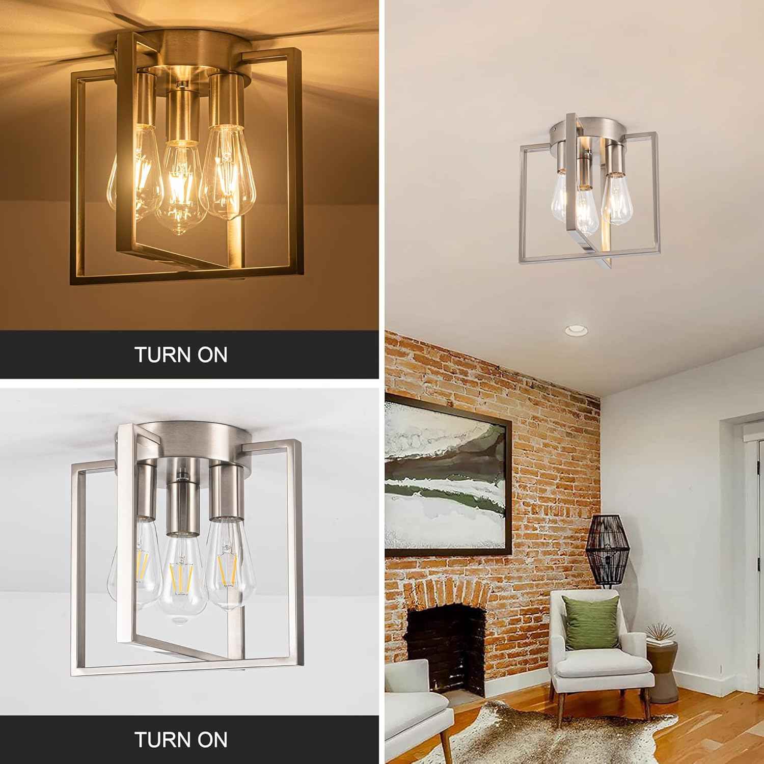 Brushed Nickel 3-Light Flush Mount Ceiling Light Fixture - Modern Geometric Design for Living Room, Kitchen, Dining Room, and Hallways
