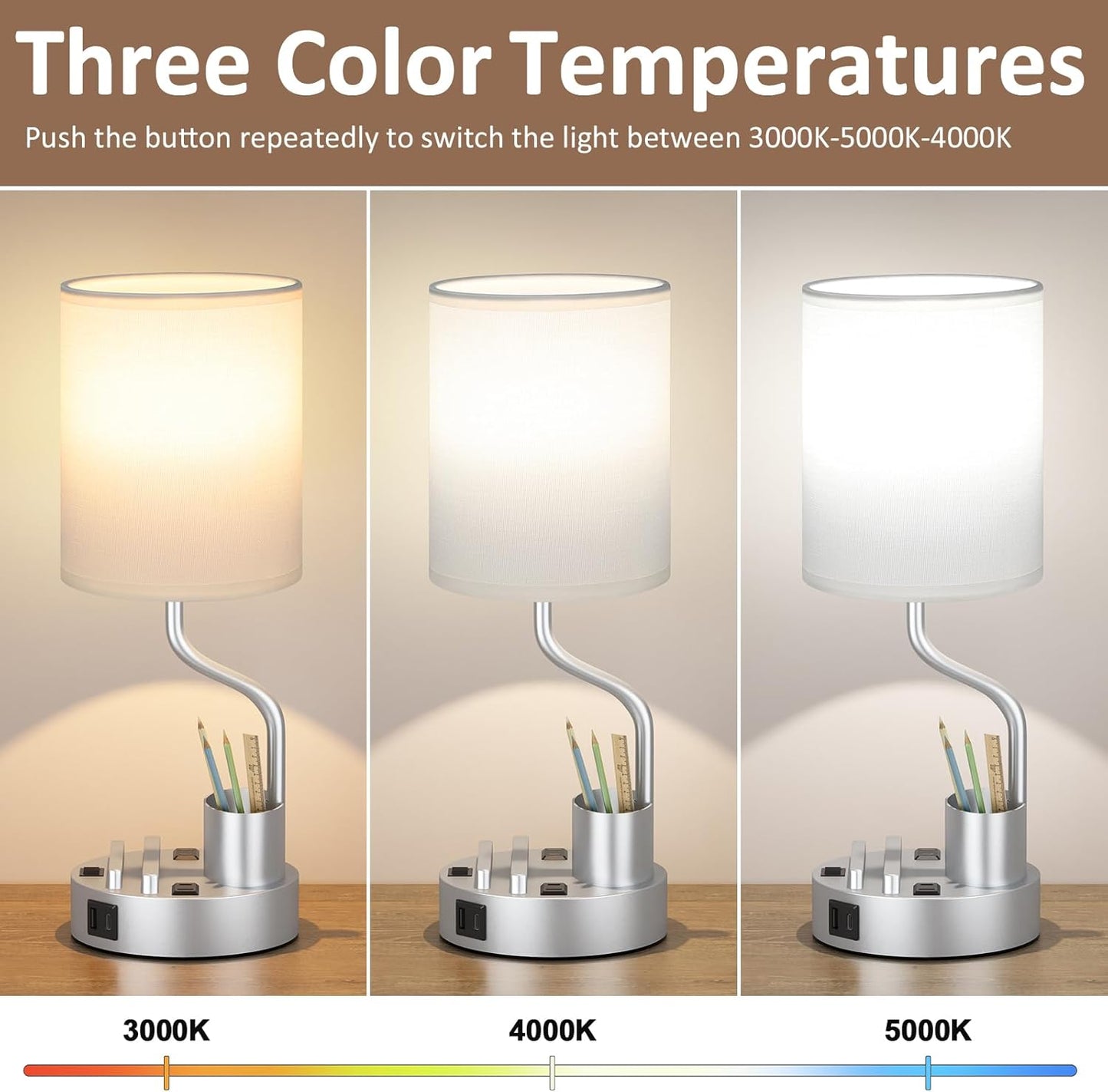 Set of 2 Bedside Table Lamps with USB & AC Outlet - 3 Color Temperatures, Desk Light & Phone Stand for Bedroom, Living Room, Office