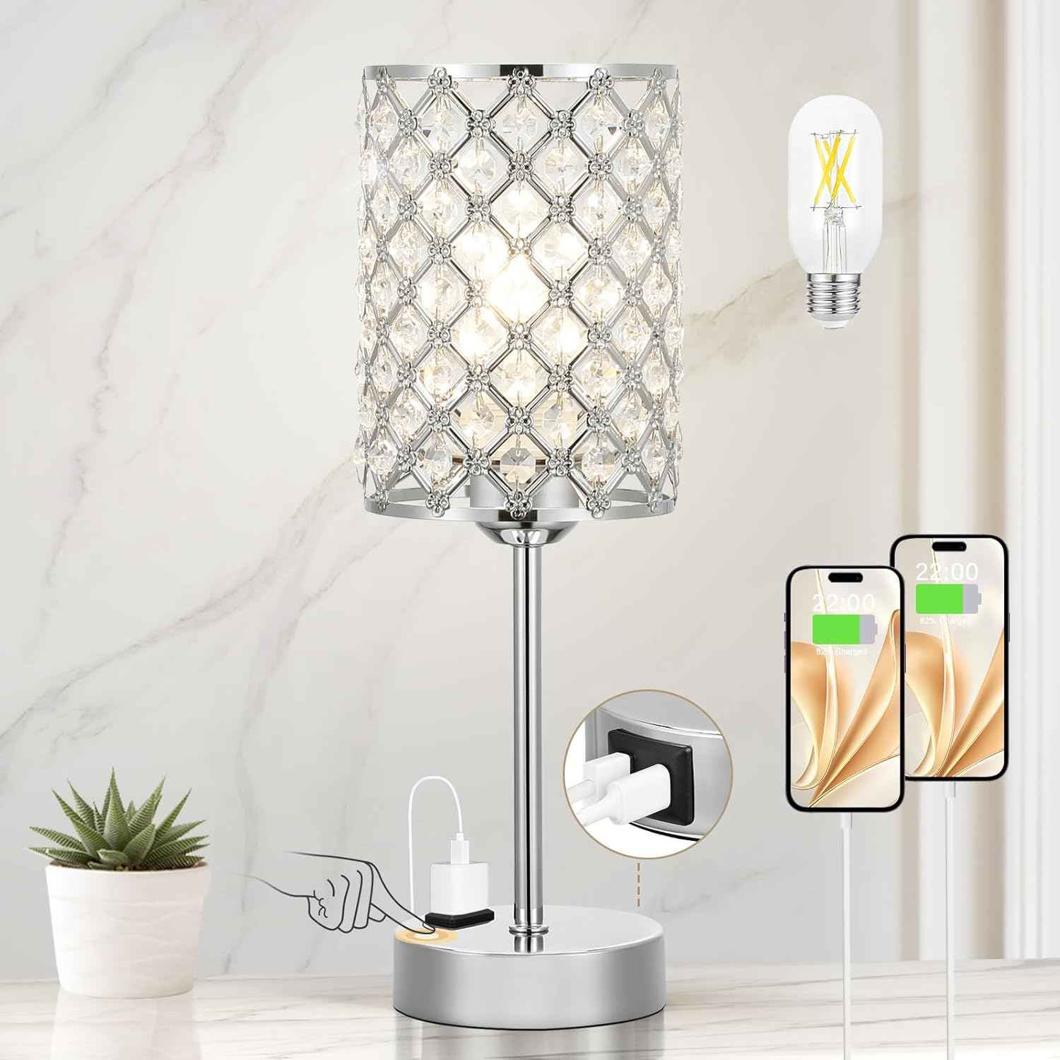 Dimmable Touch Control Crystal Table Lamp Set of 2 with USB-C & AC Ports - Elegant Nightstand Lighting for Bedroom & Living Room