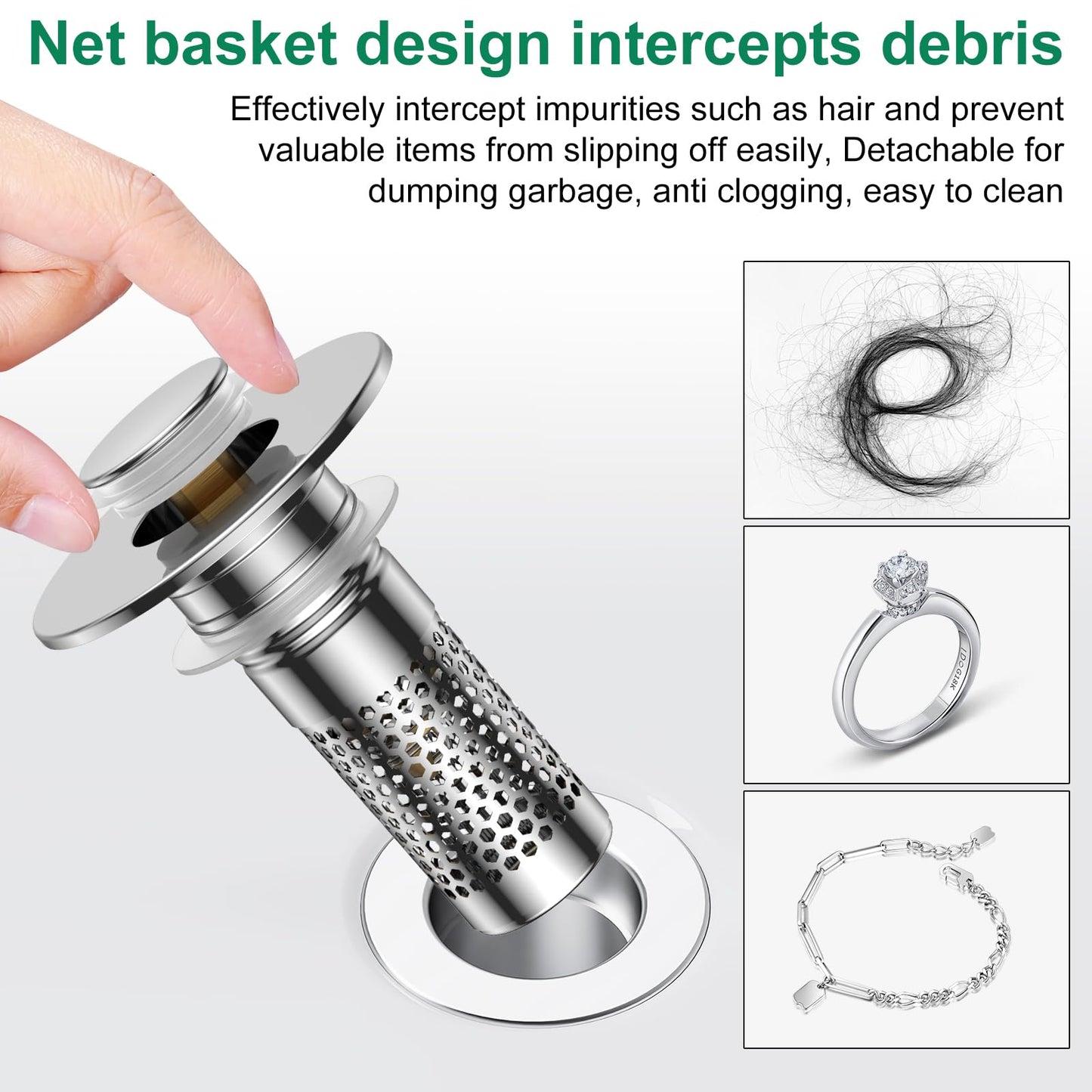 Bathroom Sink Drain Strainer,Universal Pop-Up Sink Stopper Hair Catcher, Anti-Clog Stainless Steel Drain Filter Basket, Removable Sink Drain for Bathroom Sink Stopper Replacement
