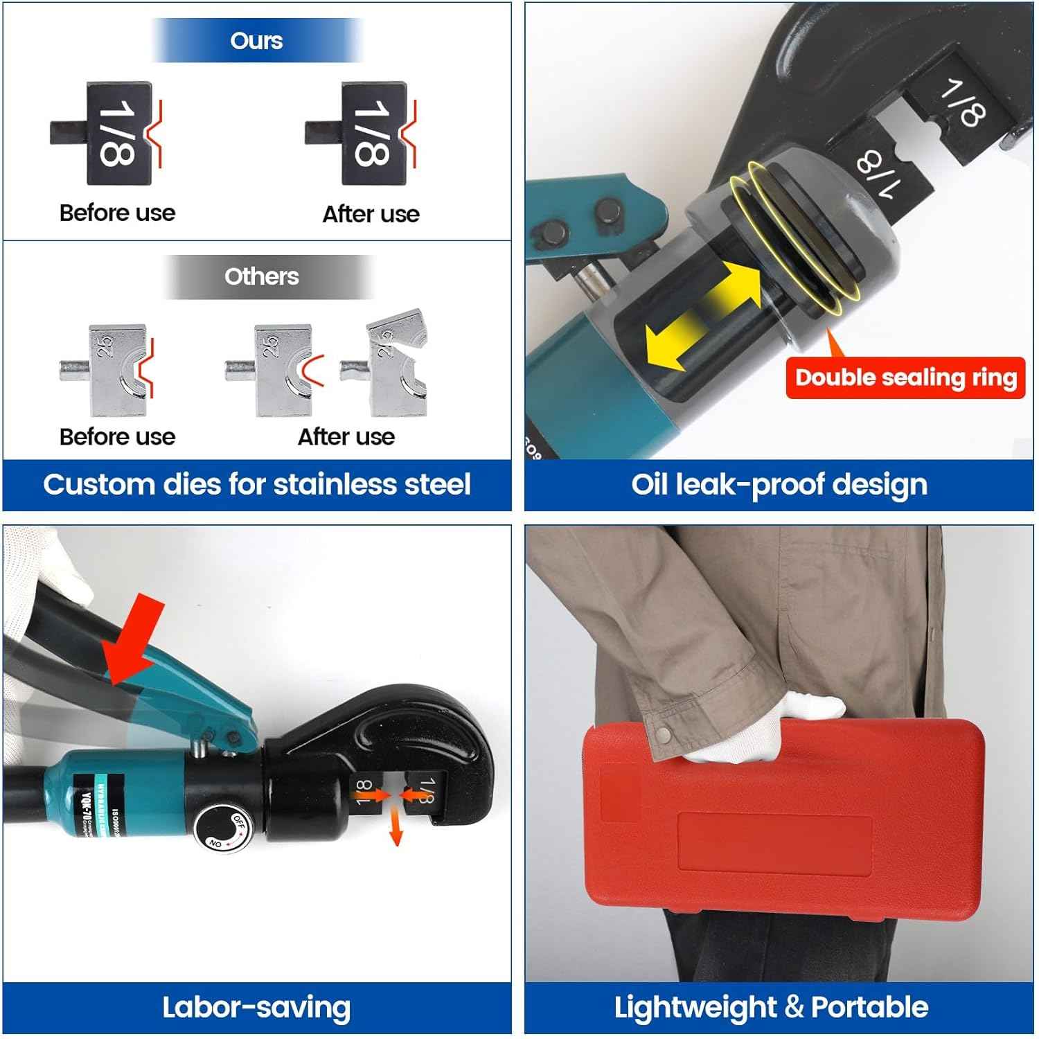 Hydraulic Crimping Tool for Stainless Steel Cable Railing - Muzata Custom Cable Swaging Kit with Wire Cutter (1/8", 5/32", 3/16")