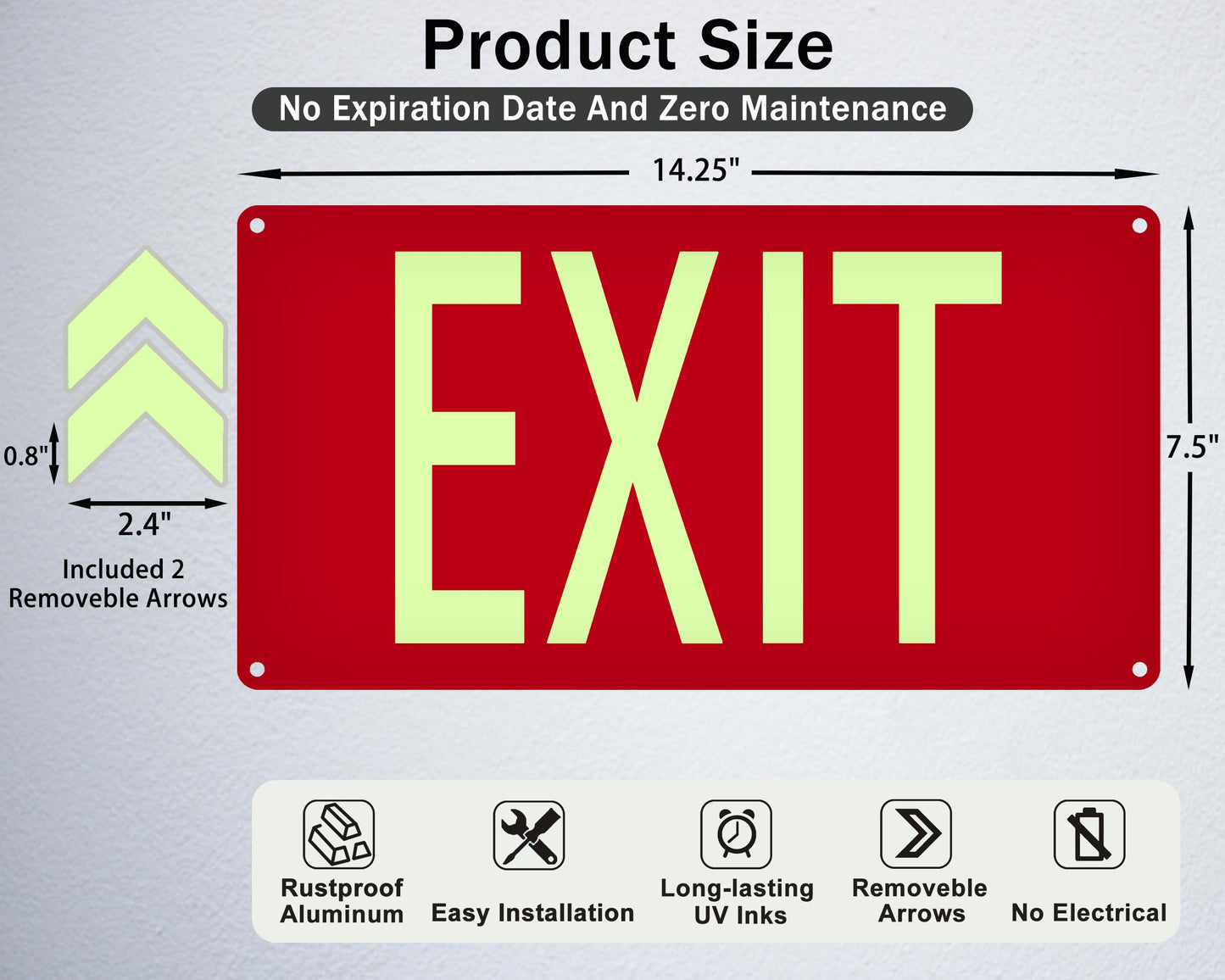 (3 Pack) Photoluminescent Exit Sign Red - with Removable Directional Arrows, With strong self adhesive tape, 14.25 x 7.5 Inches Heavy Duty Aluminum Signs, Fade Resistant