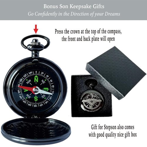 Gifts for Stepson, Go Confidently Pocket Compass Engraved Black, Bonus Son Pocket Token, Inspirational Keepsake Gift Ideas for Stepson Adopted Bonus Son Birthday Graduation Christmas Going Away