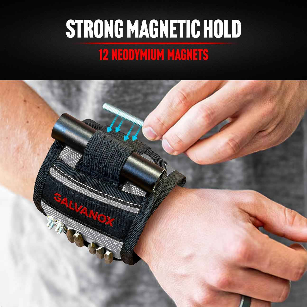 Galvanox Magnetic Wristband with LED Flashlight - Nylon Wrist Magnet for Tools, Screws and Nails with Adjustable Work Light - Great Gift for Men, Father, Handyman (Black)