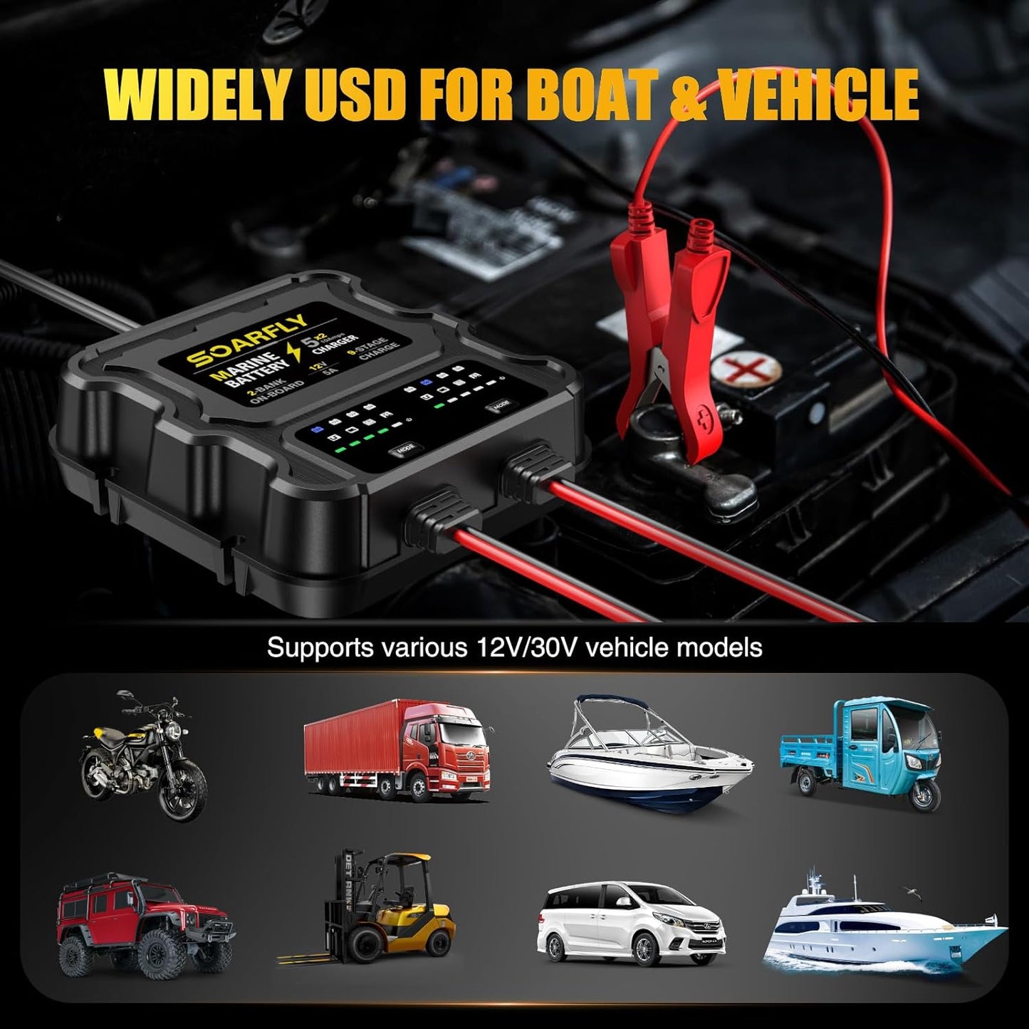 SOARFLY 12V Marine Battery Charger - 10A Waterproof Maintainer & Desulfator for SLA/AGM & Lithium Batteries
