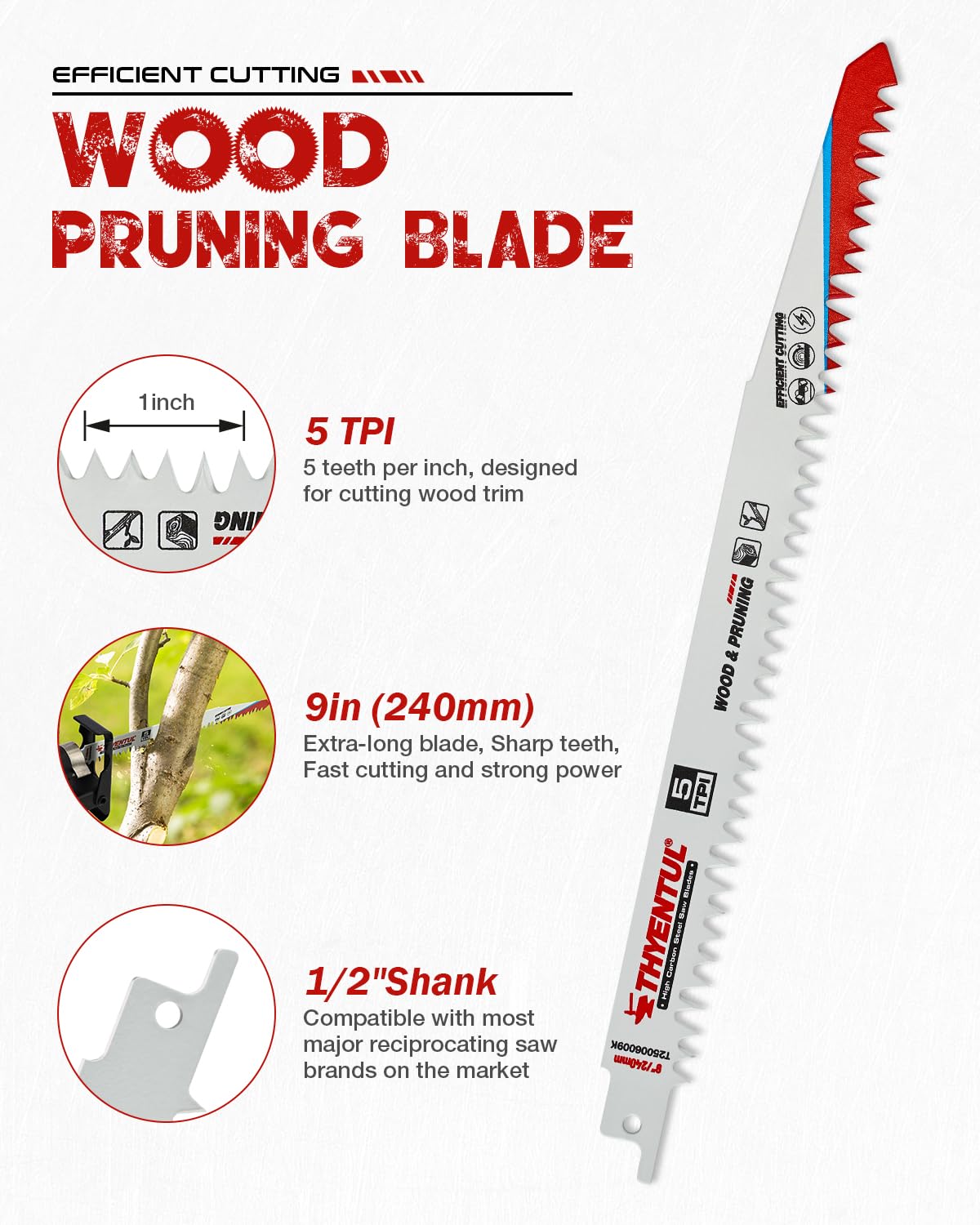 Wood Pruning Reciprocating Saw Blades,9 Inch Pruning Blades for Reciprocating Saw,Durable High Carbon Steel Reciprocal Saw Blades for Fast Tree Pruning & Wood Cutting (5 Pack/5TPI)