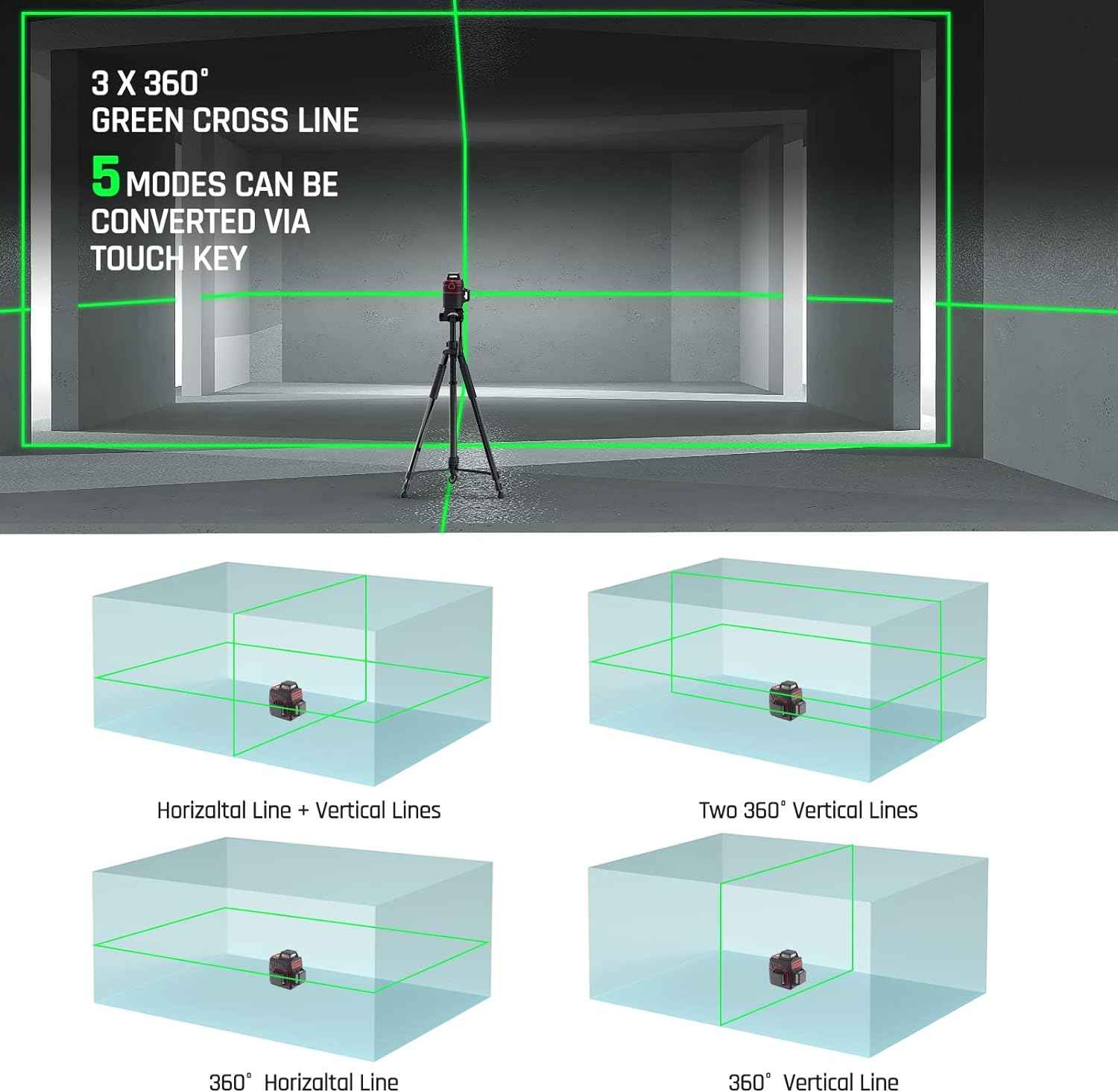 Green Laser Level with Tripod - 100ft Self-Leveling Cross Line, IP54 Waterproof, 4 Brightness Modes & Carrying Bag
