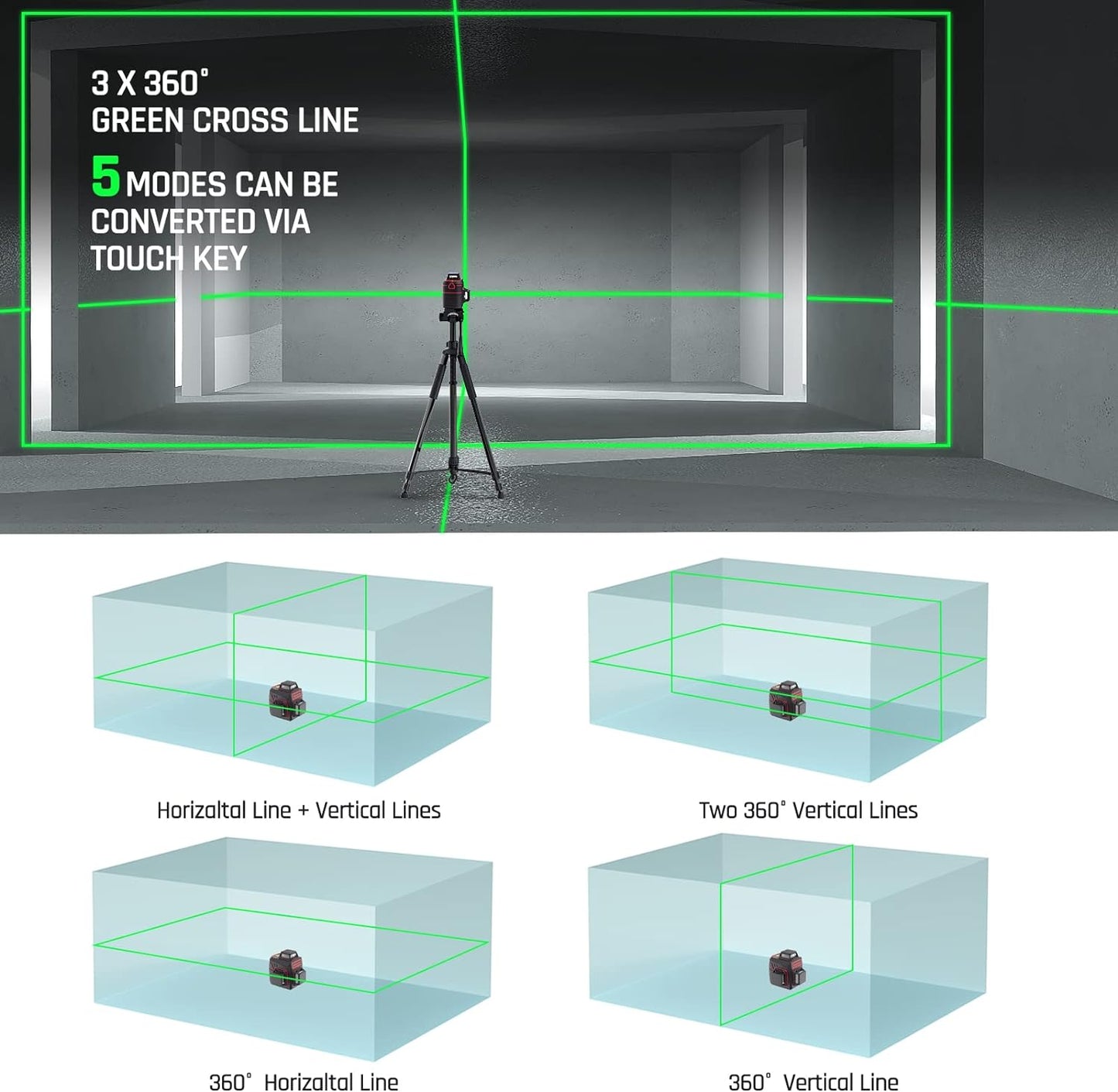 100ft Green Cross Line Laser Level with Tripod - Self-Leveling, 4 Brightness Modes, IP54 Waterproof & Carrying Bag