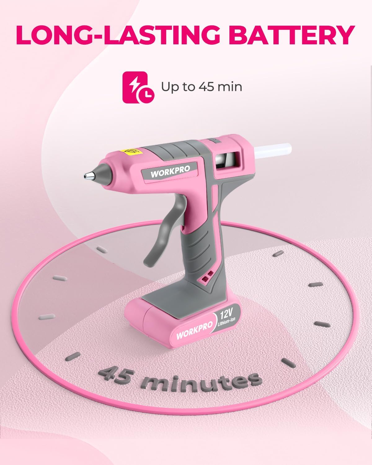 WORKPRO 12V Cordless Hot Melt Glue Gun Kit with 15 Glue Sticks - Fast Preheating, Auto Power-Off for DIY Crafts - Pink Ribbon