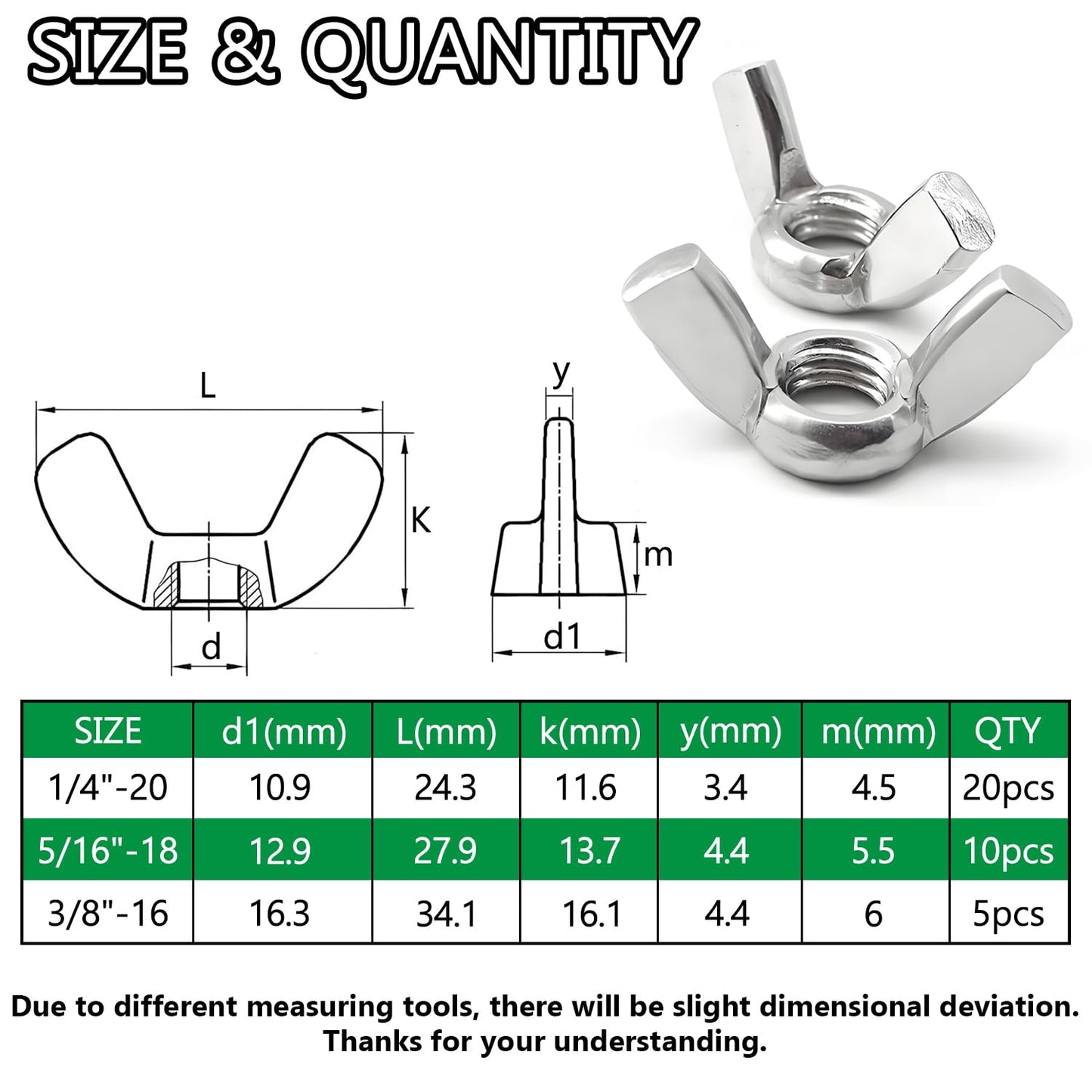 Aienxn 35PCS SAE Sizes Wing Nuts Assortment Kit, 304 Stainless Steel 1/4"-20, 5/16"-18, 3/8"-16, Parts Butterfly Wing Nut, Wingnuts Fasteners
