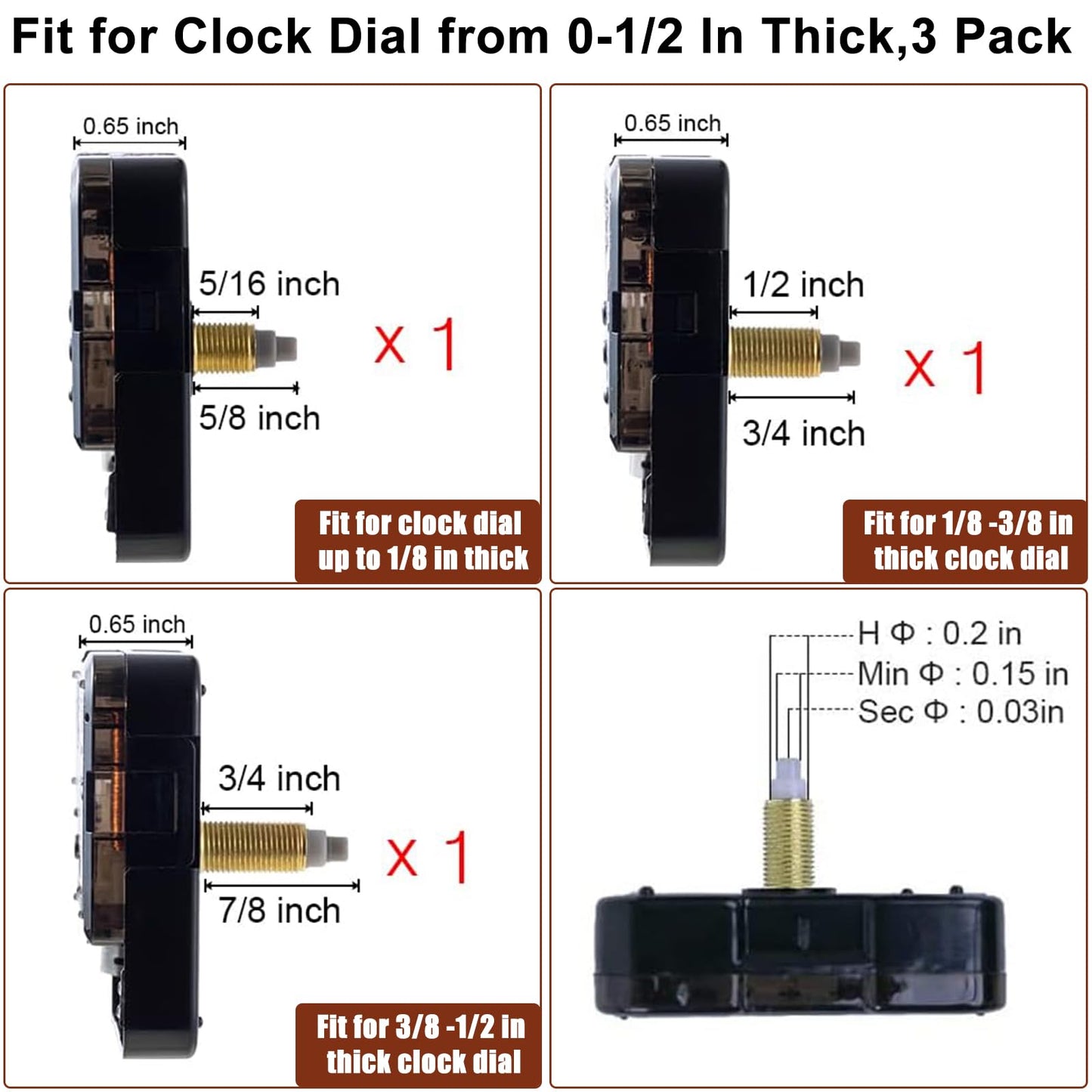 EMOON 3 Pieces Quartz Clock Mechanism Replacement Kit Long and Short Shaft Length with 4 Types of Walnut Wood Clock Hands DIY Clock Repair Parts (Total Shaft Length 16mm,20mm,23mm)