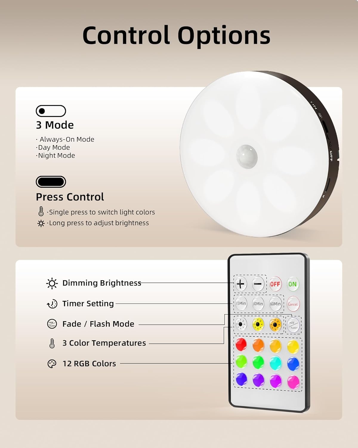 Rechargeable Under Cabinet Puck Lights with Remote - Dimmable RGB & 3 Color Temps (6 Pack)